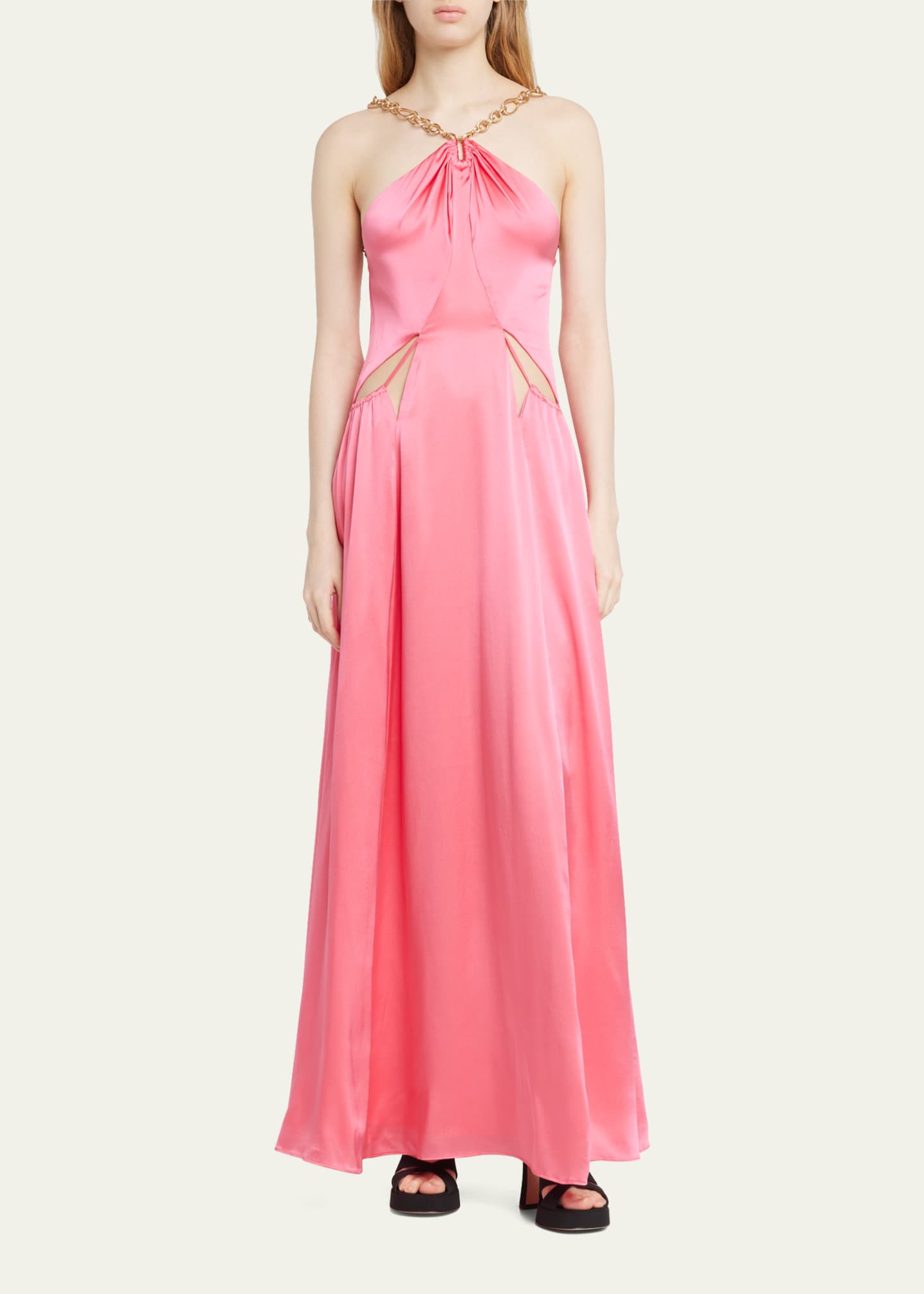 Cult Gaia Althea Silk Satin GoldenChain Halter Gown Bergdorf Goodman