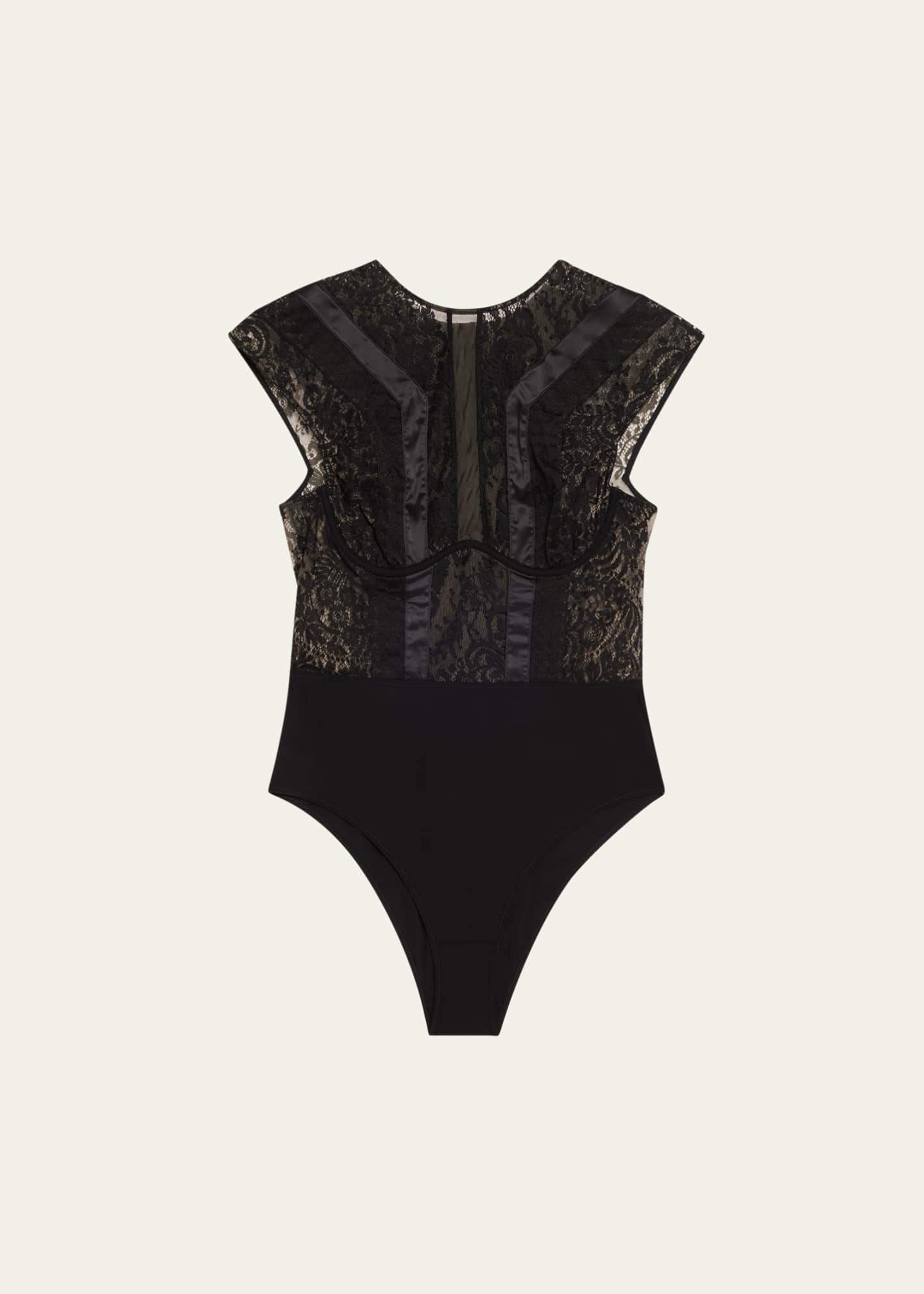 Livy Macy Cap-Sleeve Lace & Satin Bodysuit Image 1 of 4