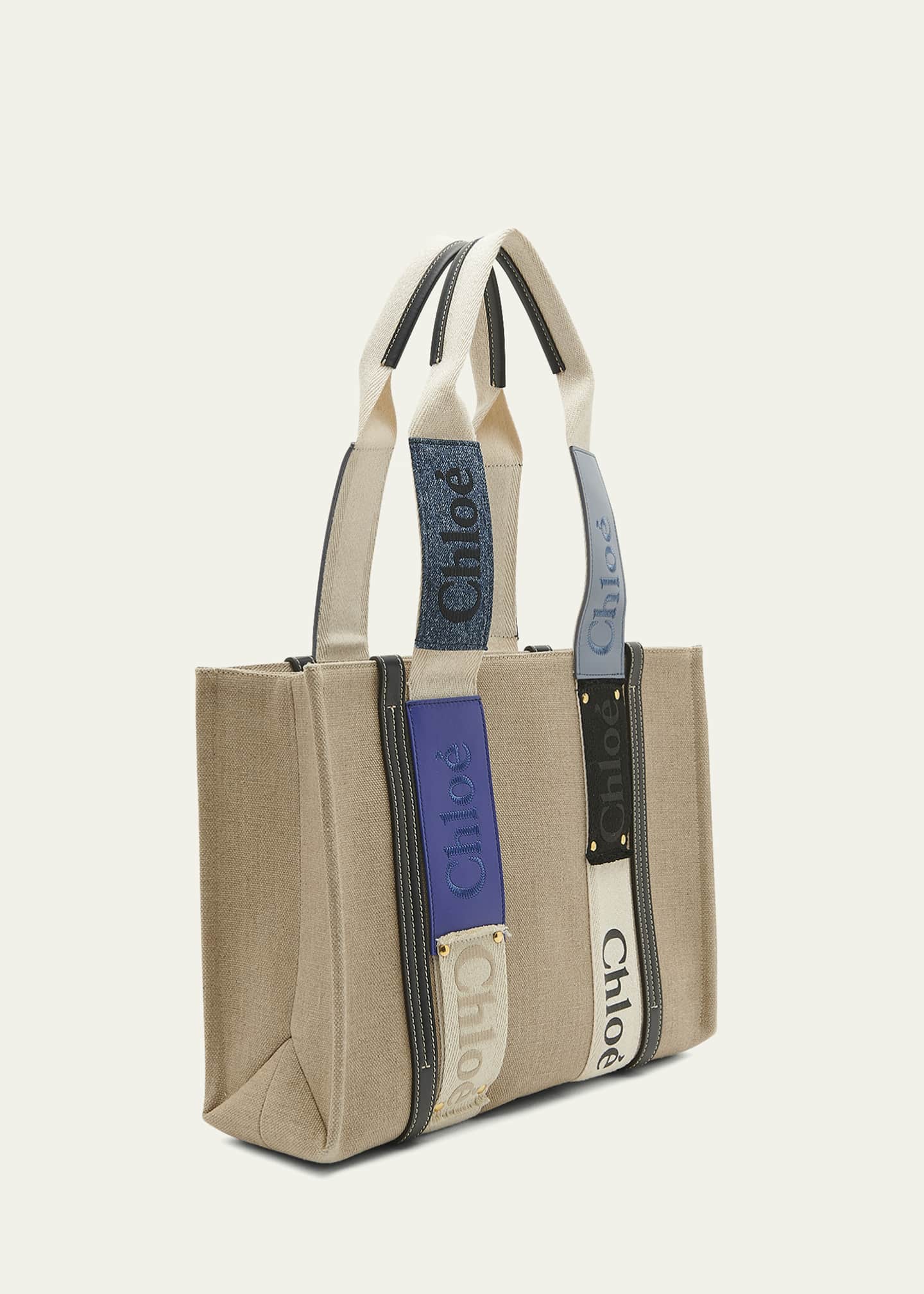 Chloe Woody Medium Tote Bag in Linen with Patchwork Handles