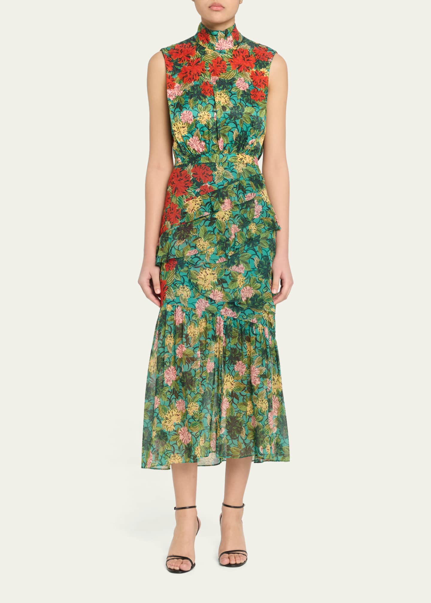 Saloni Fleur Silk Sleeveless Tiered-Ruffle Midi Dress Image 2 of 5
