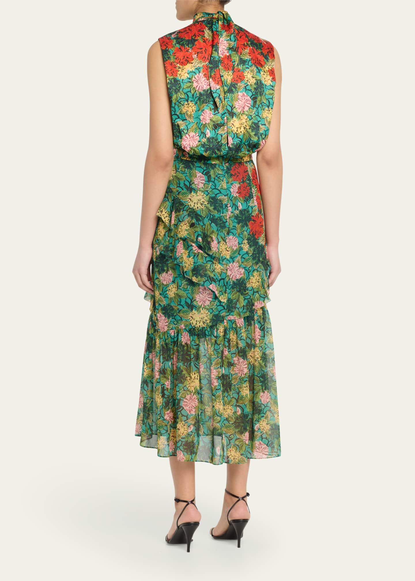Saloni Fleur Silk Sleeveless Tiered-Ruffle Midi Dress Image 3 of 5