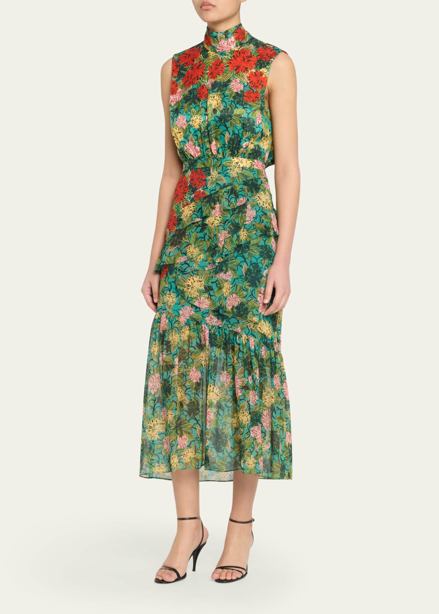 Saloni Fleur Silk Sleeveless Tiered-Ruffle Midi Dress Image 4 of 5