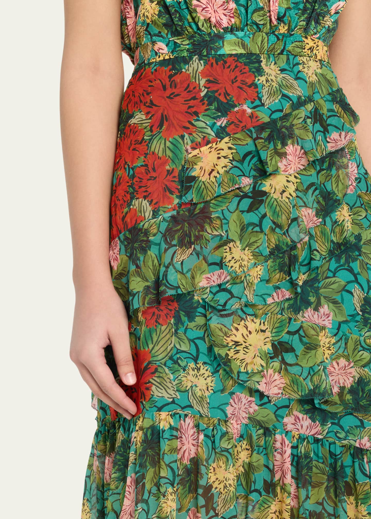 Saloni Fleur Silk Sleeveless Tiered-Ruffle Midi Dress Image 5 of 5