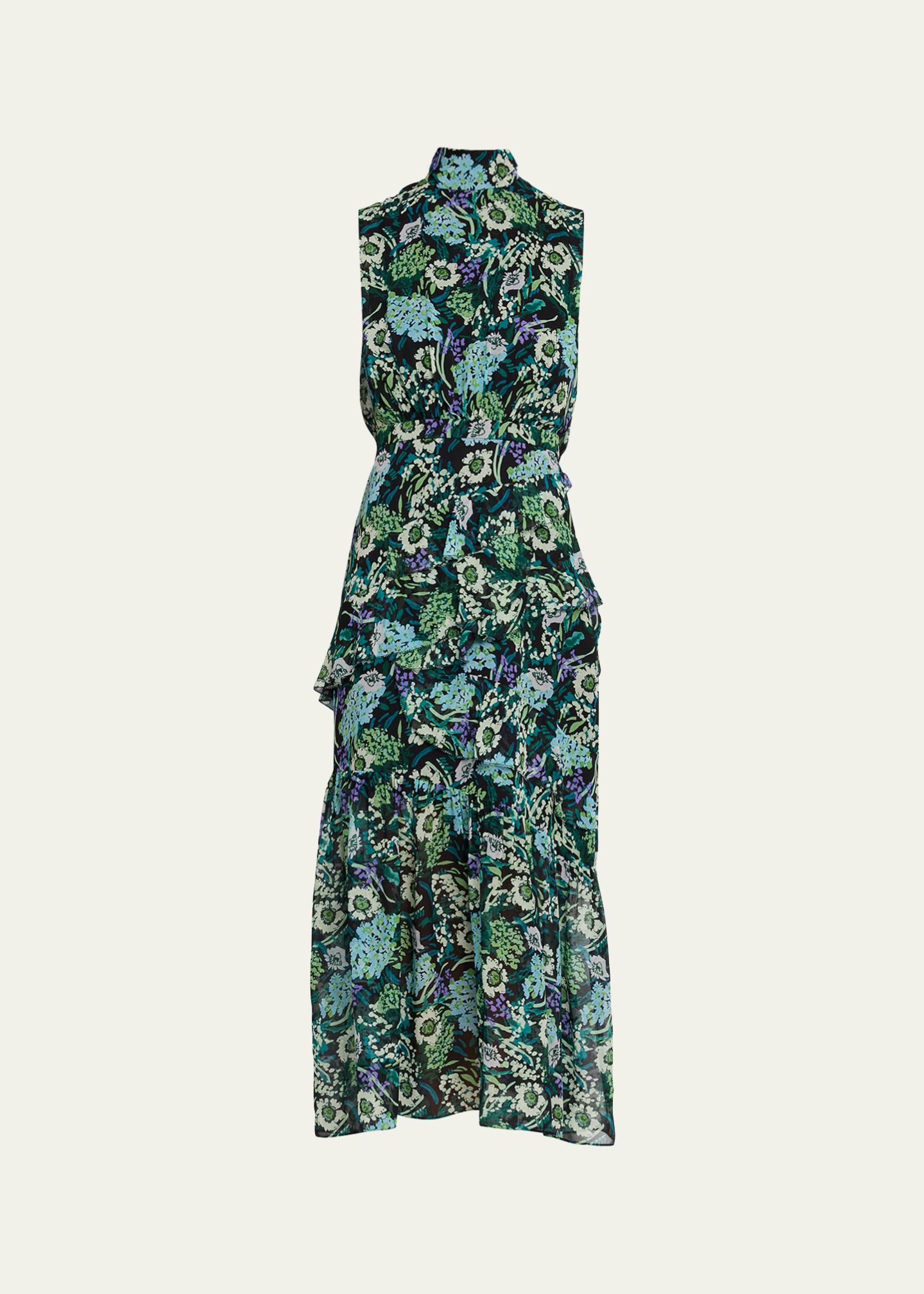Saloni Fleur Silk Sleeveless Tiered-Ruffle Midi Dress - Bergdorf