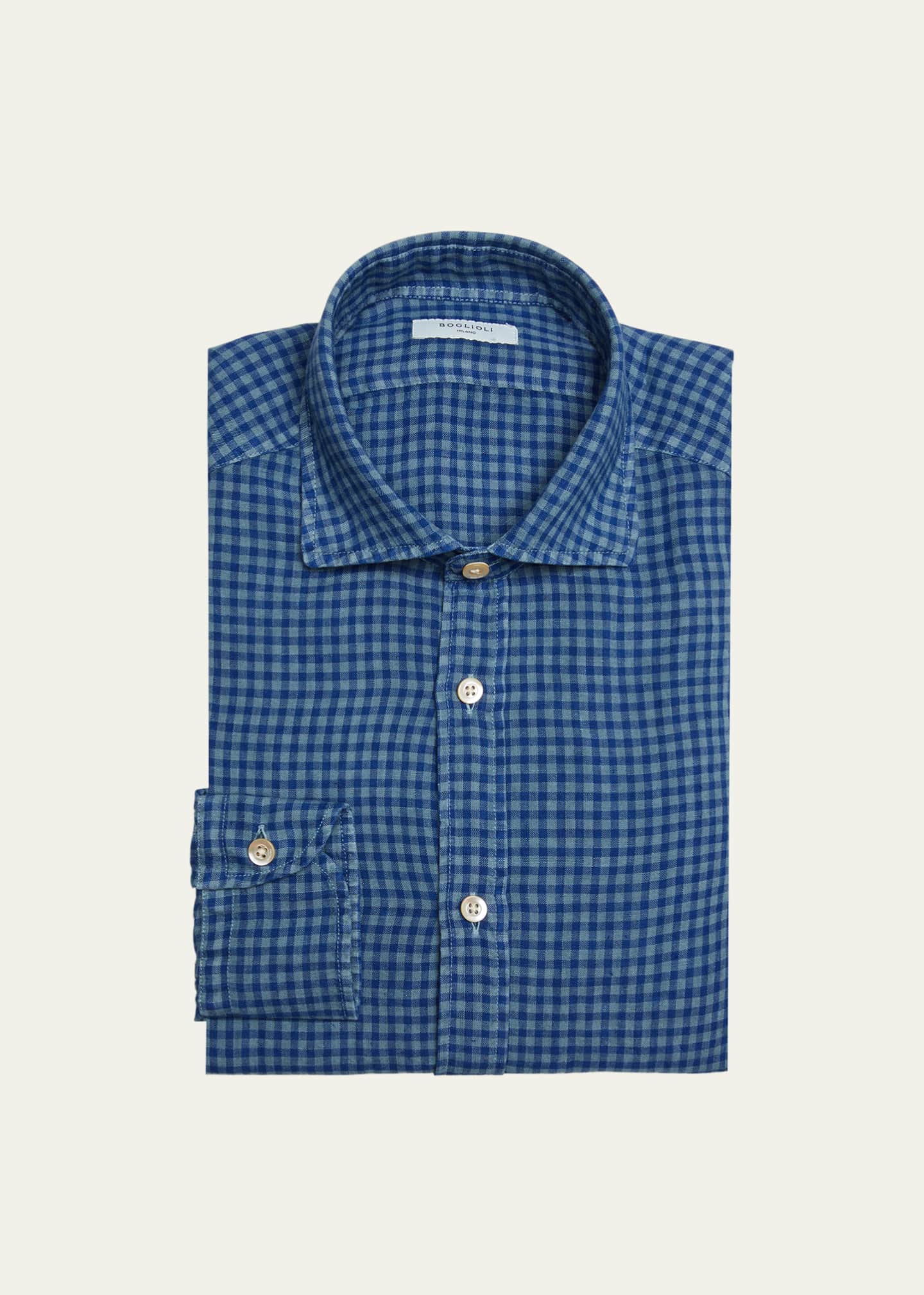 Boglioli Men's Gingham Check Linen Dress Shirt Bergdorf Goodman