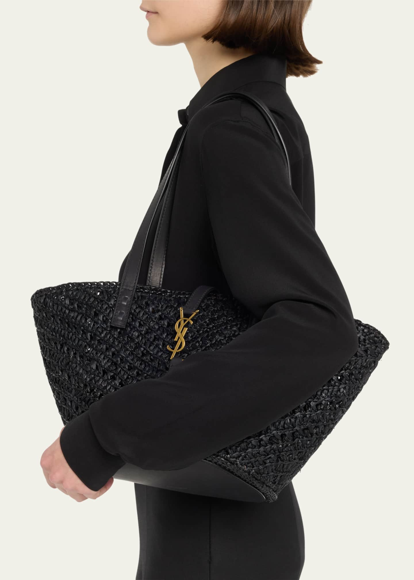 Saint Laurent Panier Small Ysl Raffia Tote Bag Black