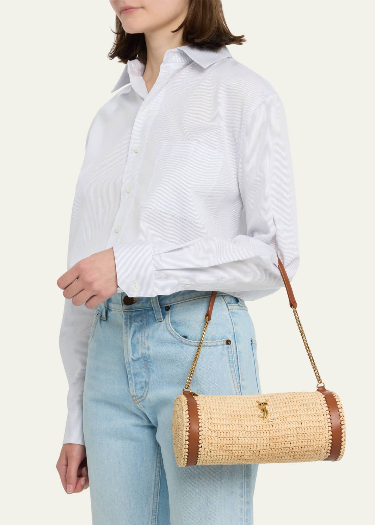 Saint Laurent Cassandre Small YSL Tube Shoulder Bag in Raffia