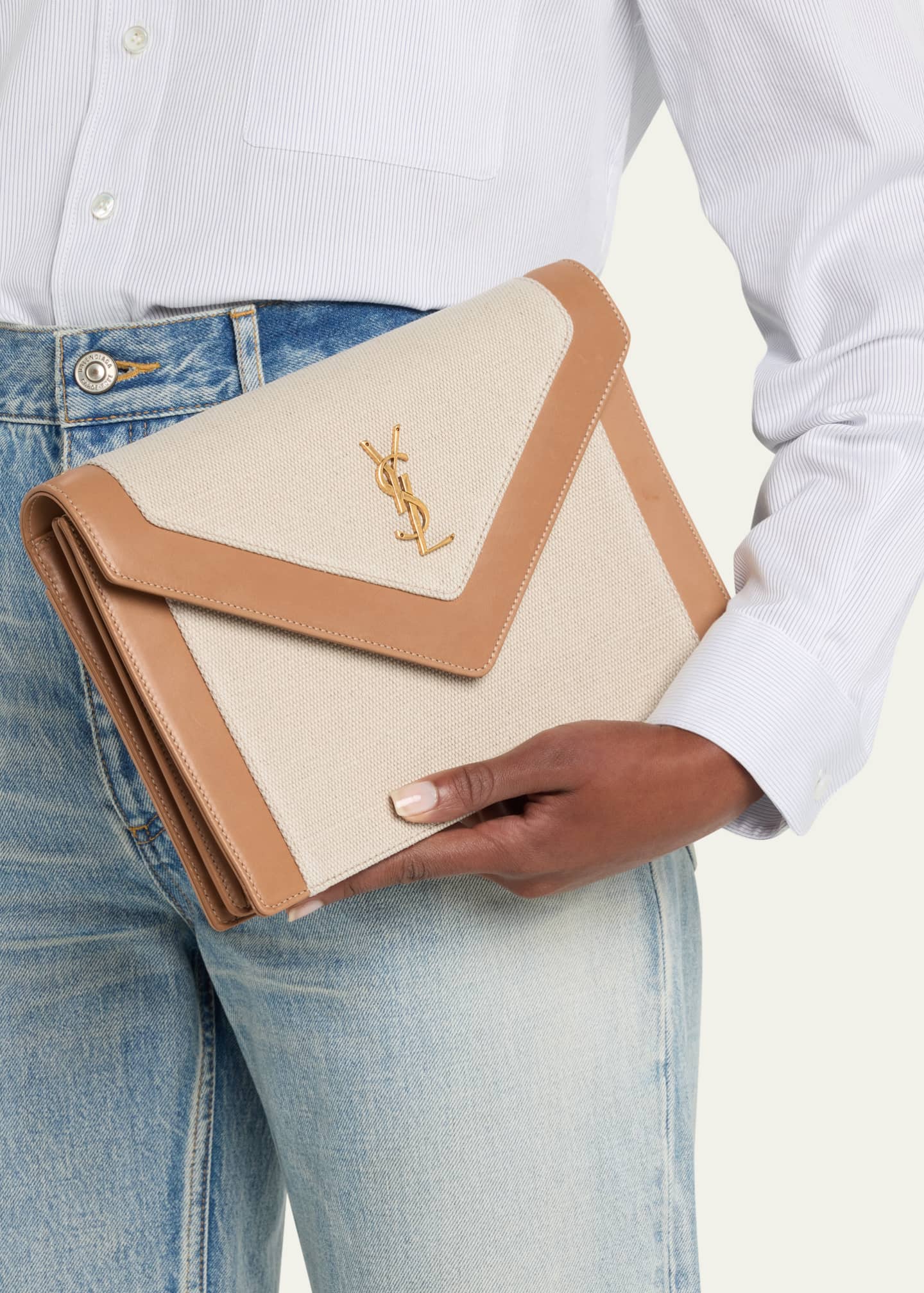 Saint Laurent Beige Uptown Canvas And Leather Clutch Bag