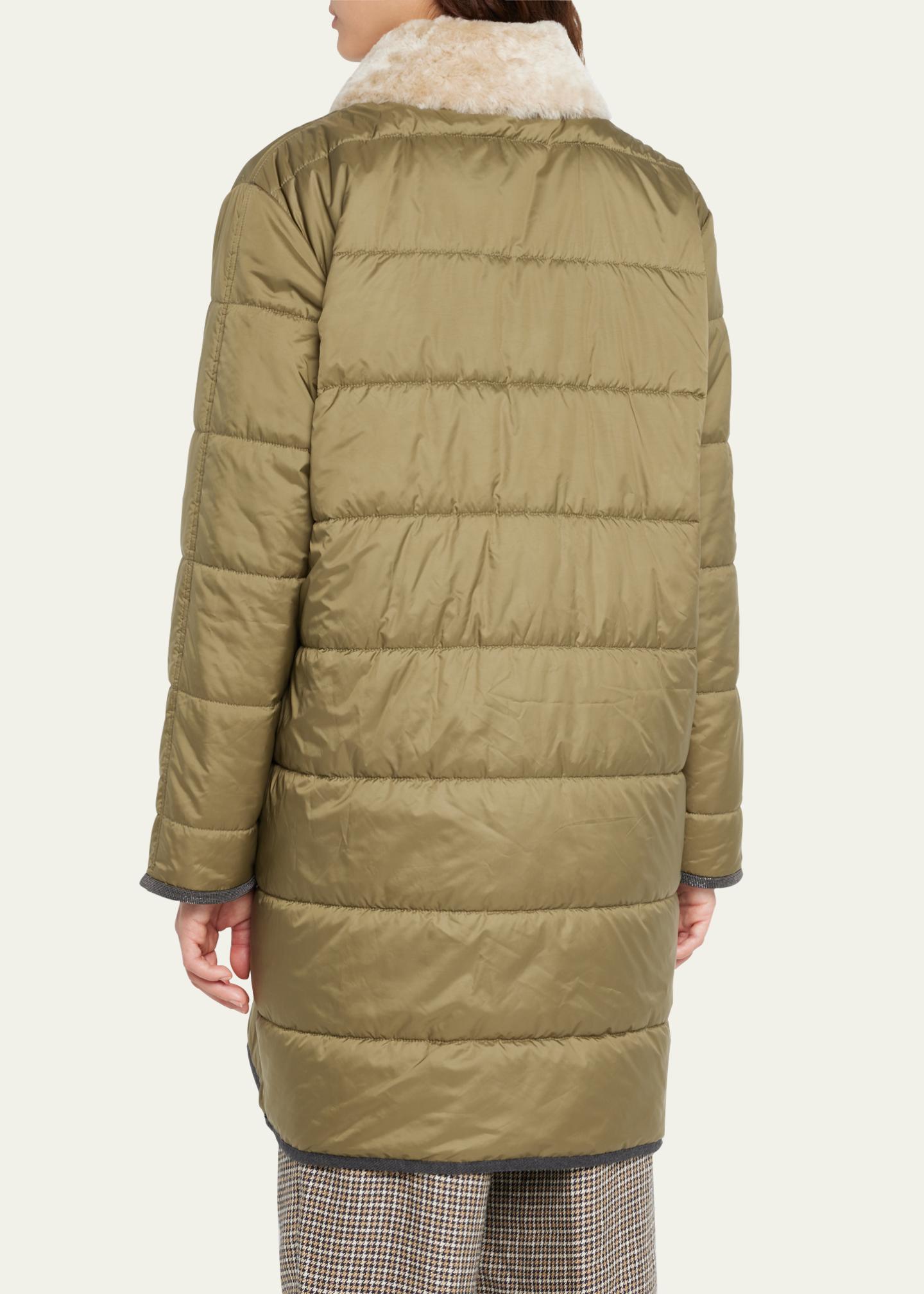 Brunello Cucinelli Matte Nylon Quilted Parka Jacket with Shearling Ruff ...