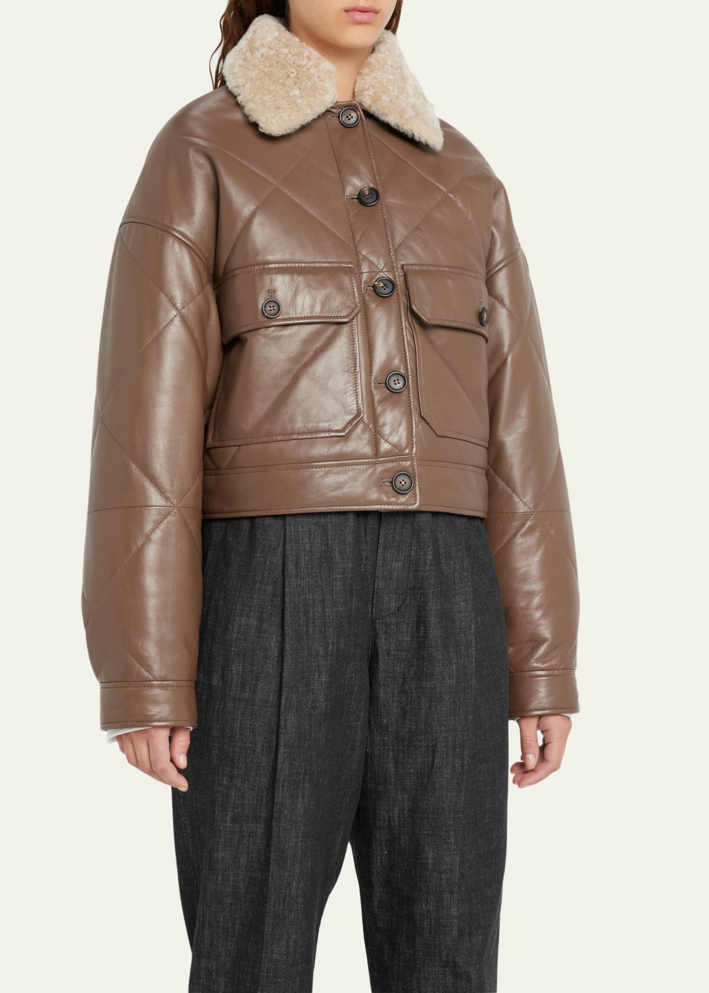 Brunello Cucinelli Glossy Napa Leather Puffer Jacket with Shearling Trim -  Bergdorf Goodman