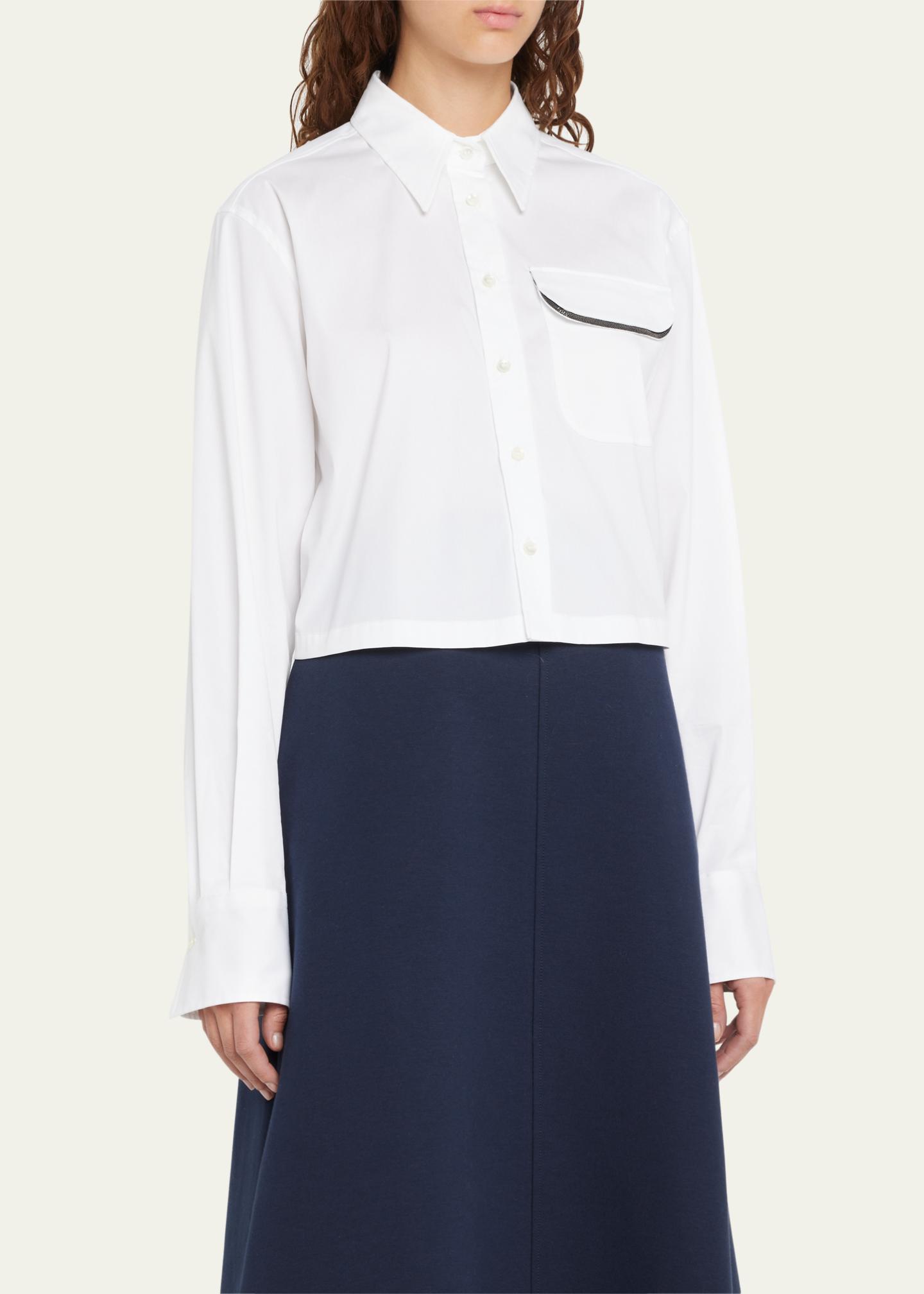 Brunello Cucinelli Monili-Trim Crop Cotton Poplin Collared Shirt 