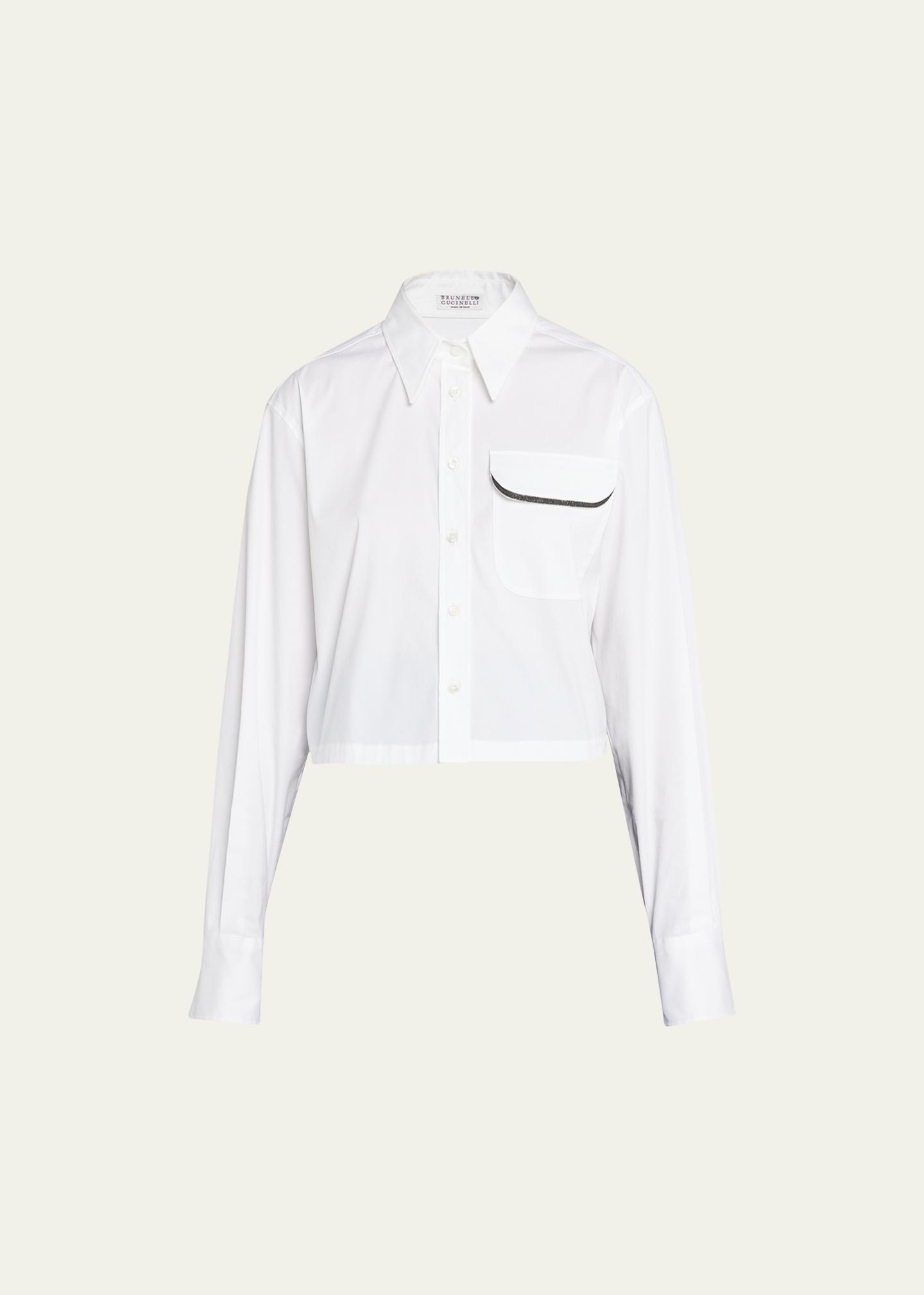 Brunello Cucinelli Monili-Trim Crop Cotton Poplin Collared Shirt 