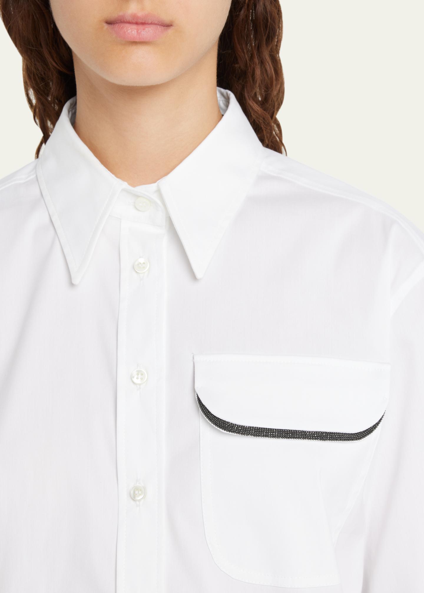 Brunello Cucinelli Monili-Trim Crop Cotton Poplin Collared Shirt 