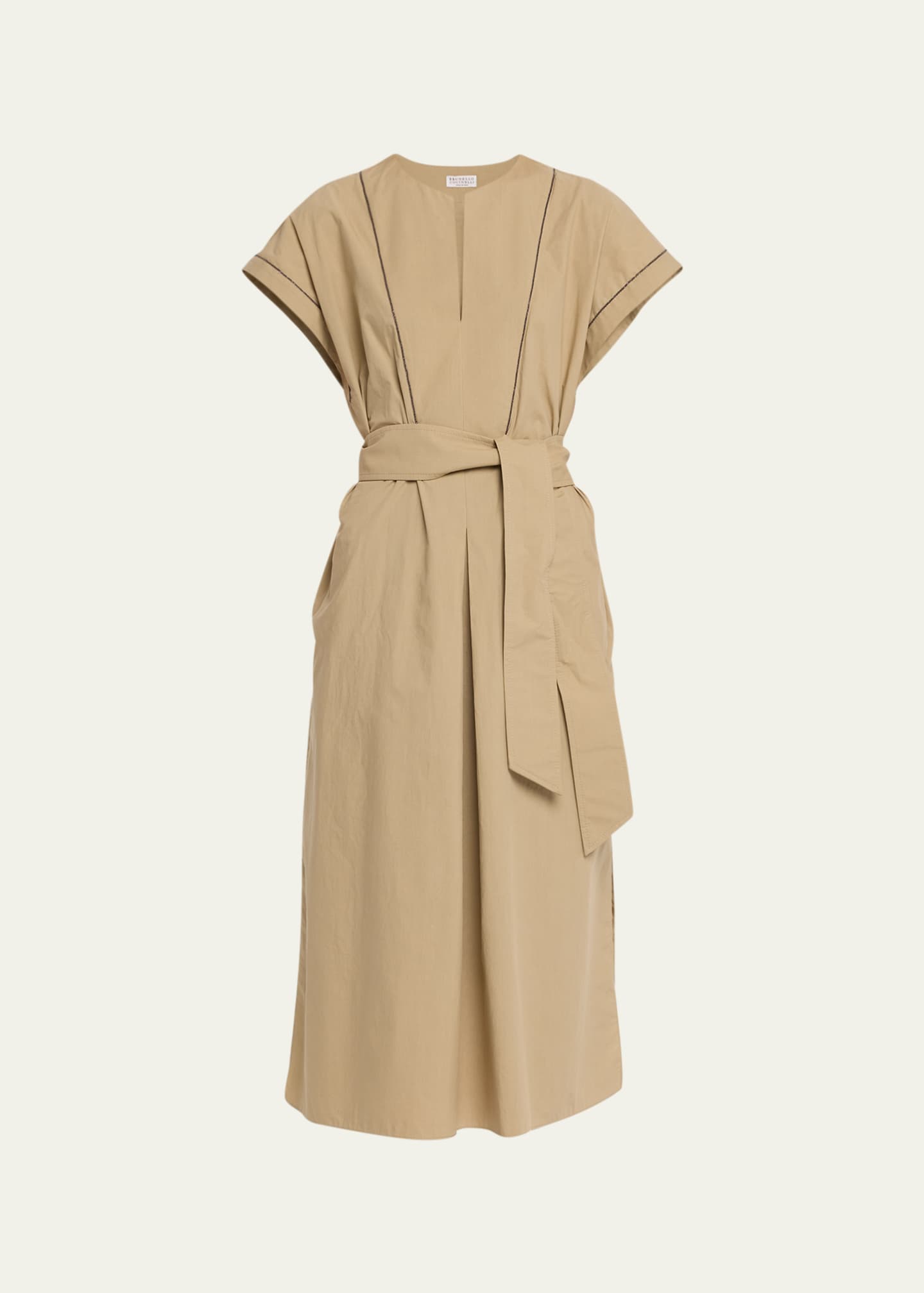 Brunello Cucinelli Belted Midi Dress with Monili Trim