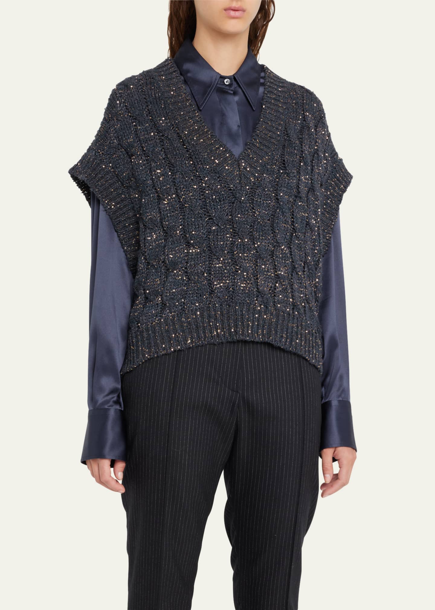 Brunello Cucinelli Linen Cable-Knit Vest with Paillette Detail