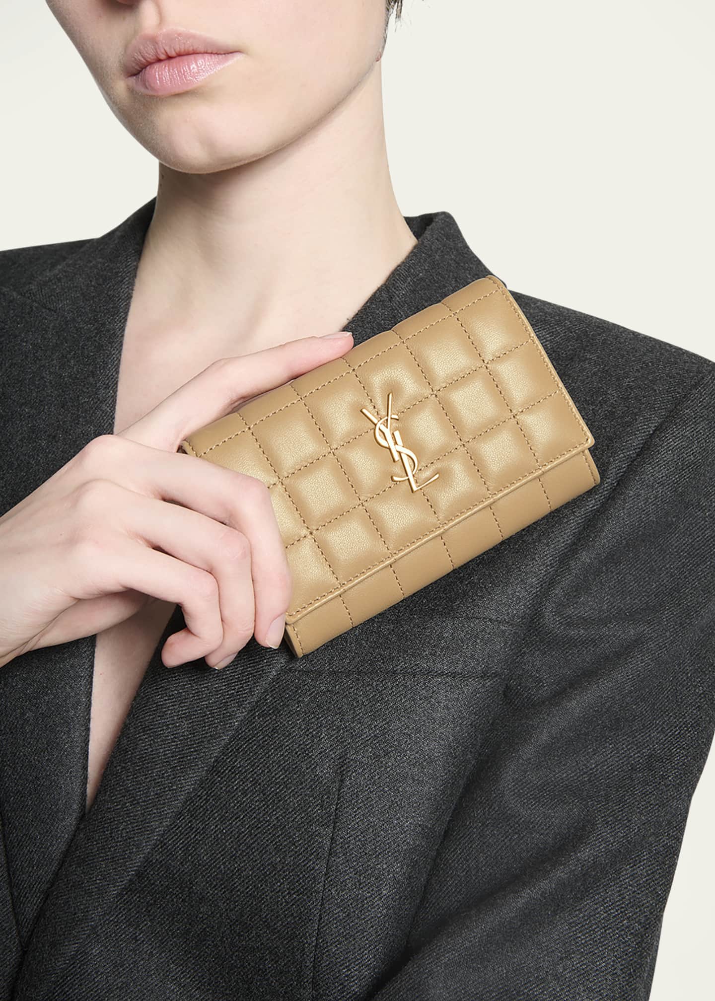 Saint Laurent YSL Monogram Flap Small Wallet in Quilted Smooth Leather
