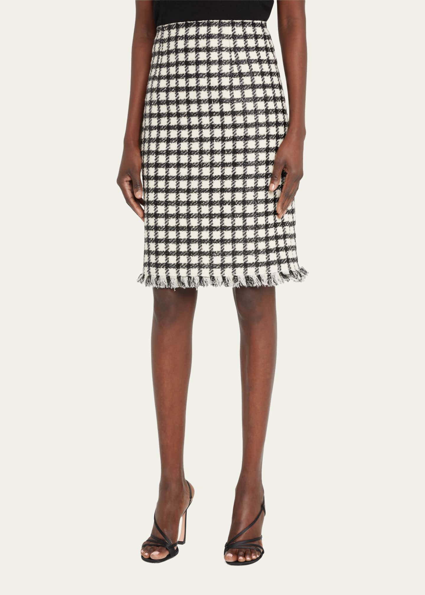 Oscar de la Renta Lurex Check Print Tweed Pencil Skirt with Fringe
