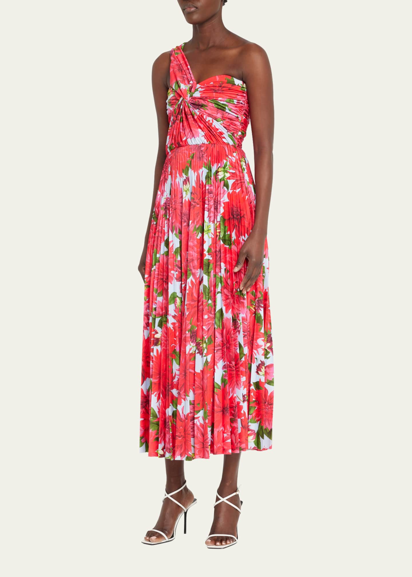 Oscar de la Renta One Shoulder Dahlia Print Pleated Midi Dress