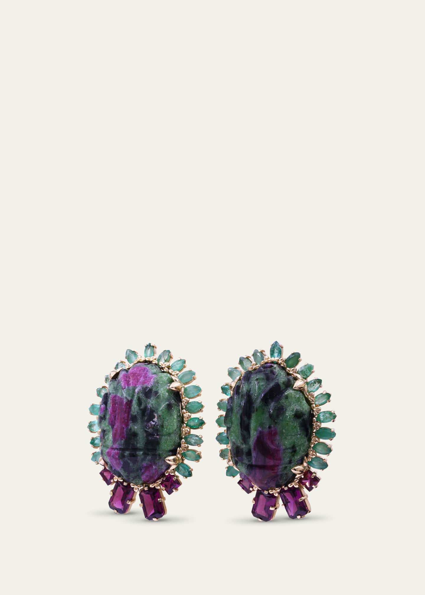 Stephen Dweck 18K Rose Gold Hand Carved Stud Earrings in Ruby Zoisite, Emerald, And Rhodolite Garnet Image 2 of 3