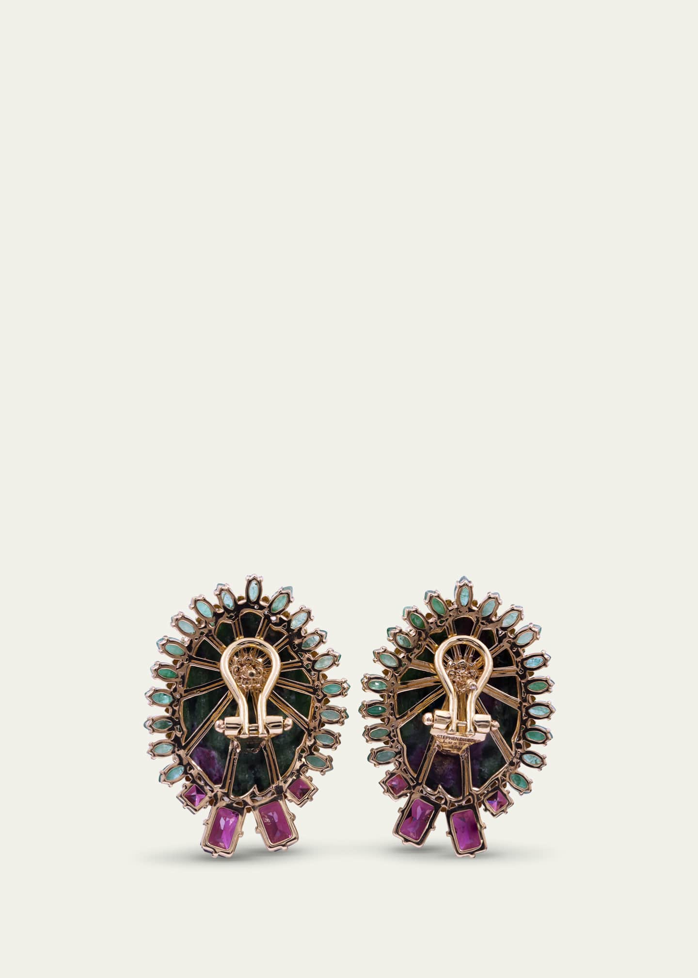 Stephen Dweck 18K Rose Gold Hand Carved Stud Earrings in Ruby Zoisite, Emerald, And Rhodolite Garnet Image 3 of 3