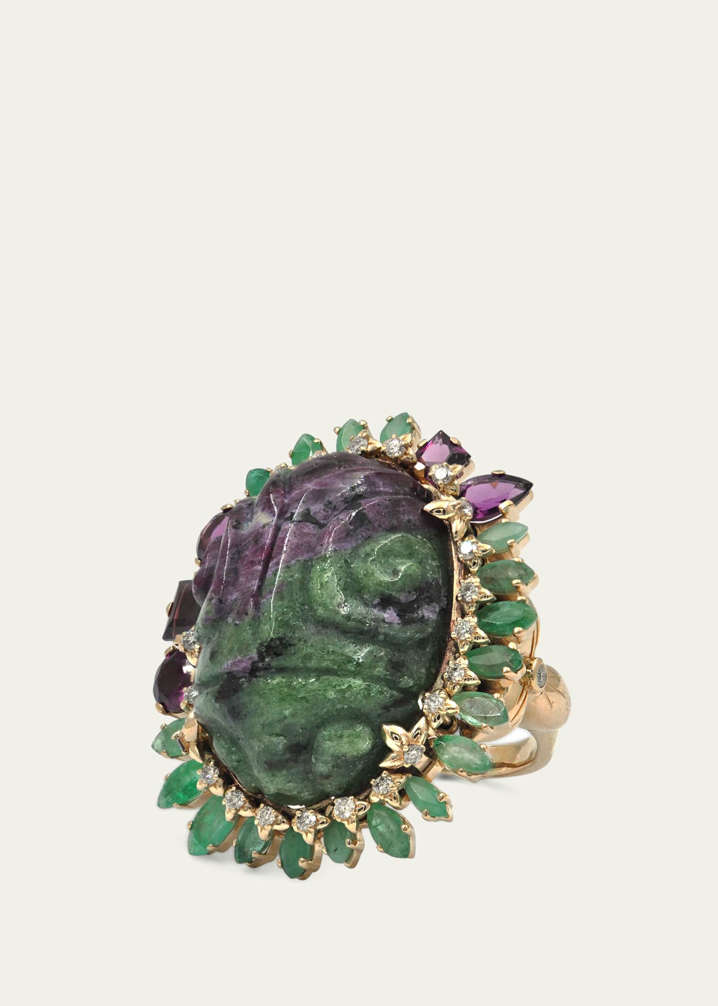 Stephen Dweck Hand-Carved Ruby Zoisite, Emerald, Rhodolite Garnet and Diamond Ring in 18K Gold Image 2 of 3