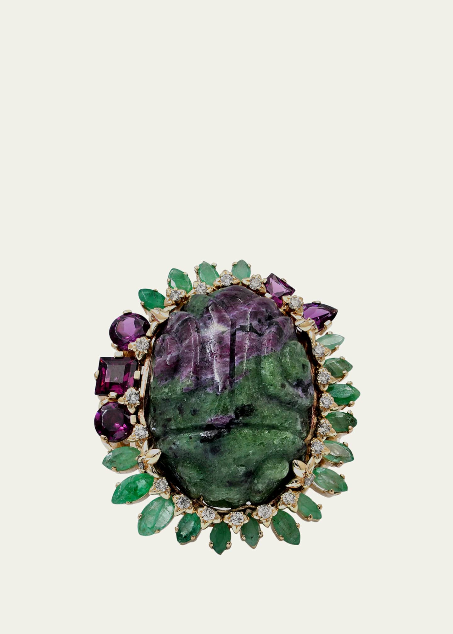 Stephen Dweck Hand-Carved Ruby Zoisite, Emerald, Rhodolite Garnet and Diamond Ring in 18K Gold Image 1 of 3