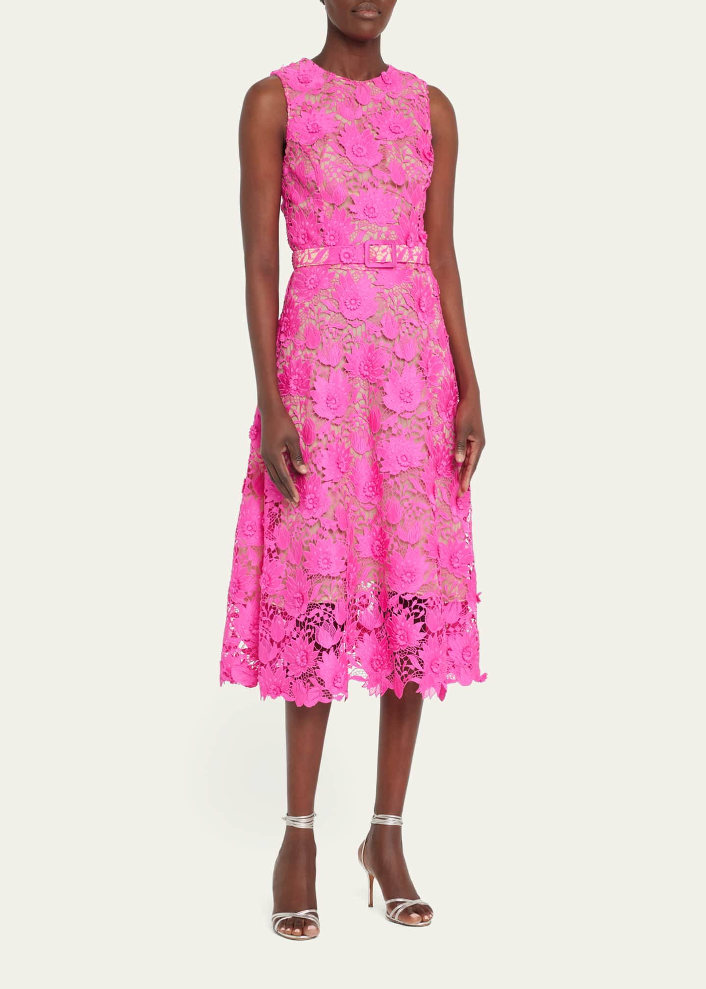 Oscar de la Renta Water Lily Lace Belted Midi Dress Bergdorf Goodman