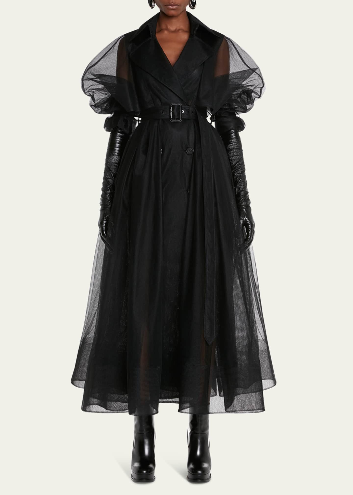 Alexander McQueen Sheer Tulle Trench Coat with Long Belt Image 1 of 4