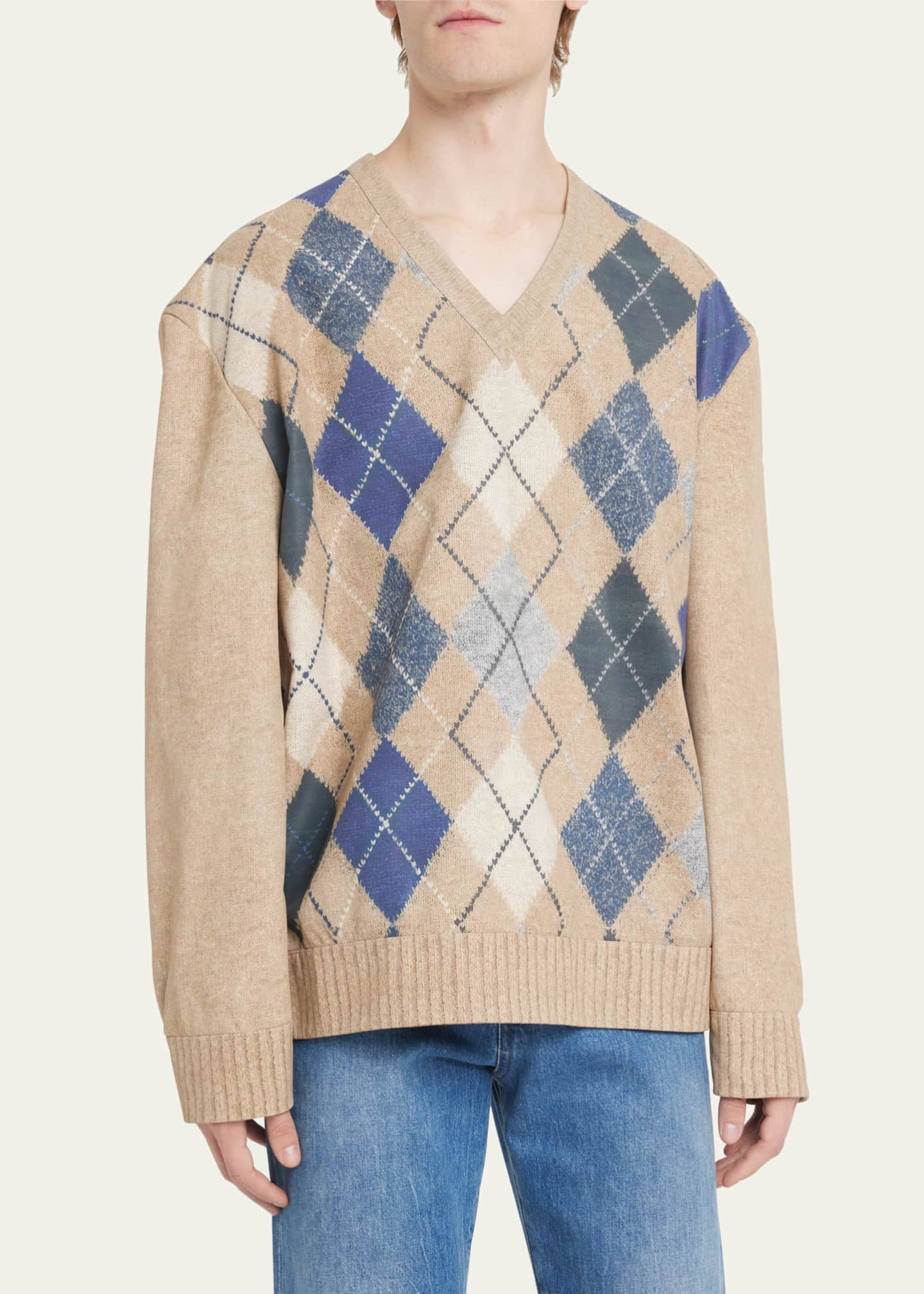 Bottega Veneta Men's Argyle Print Leather Sweater - Bergdorf Goodman