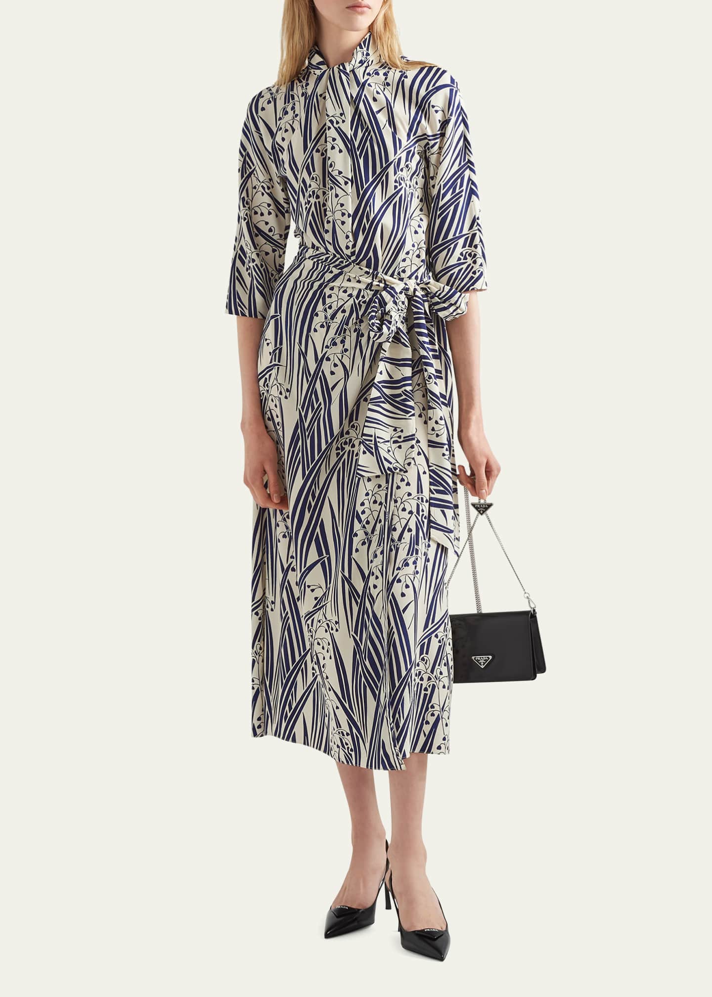 Prada Floral-Print Scarf-Neck Midi Dress Image 2 of 5