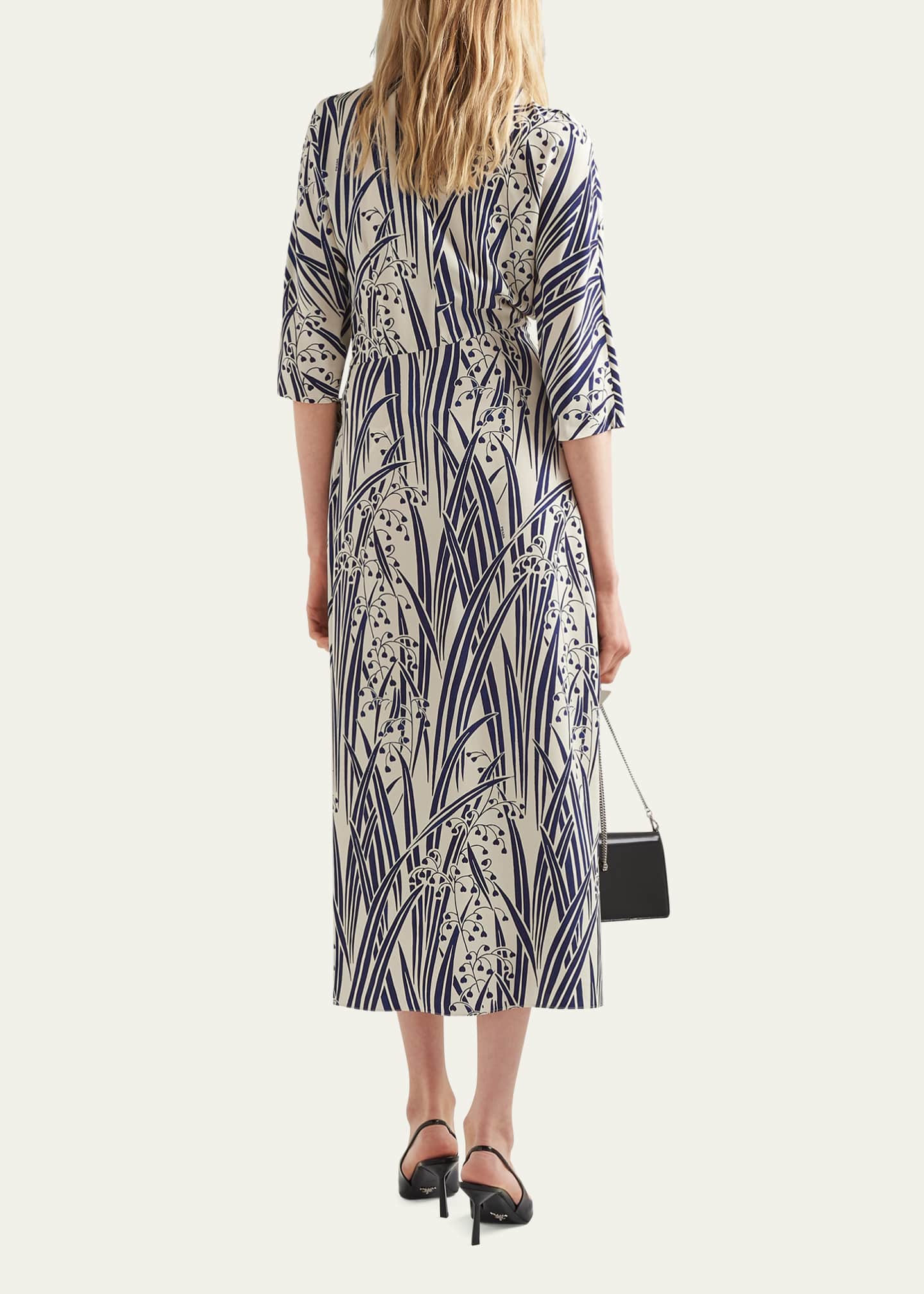 Prada Floral-Print Scarf-Neck Midi Dress Image 3 of 5