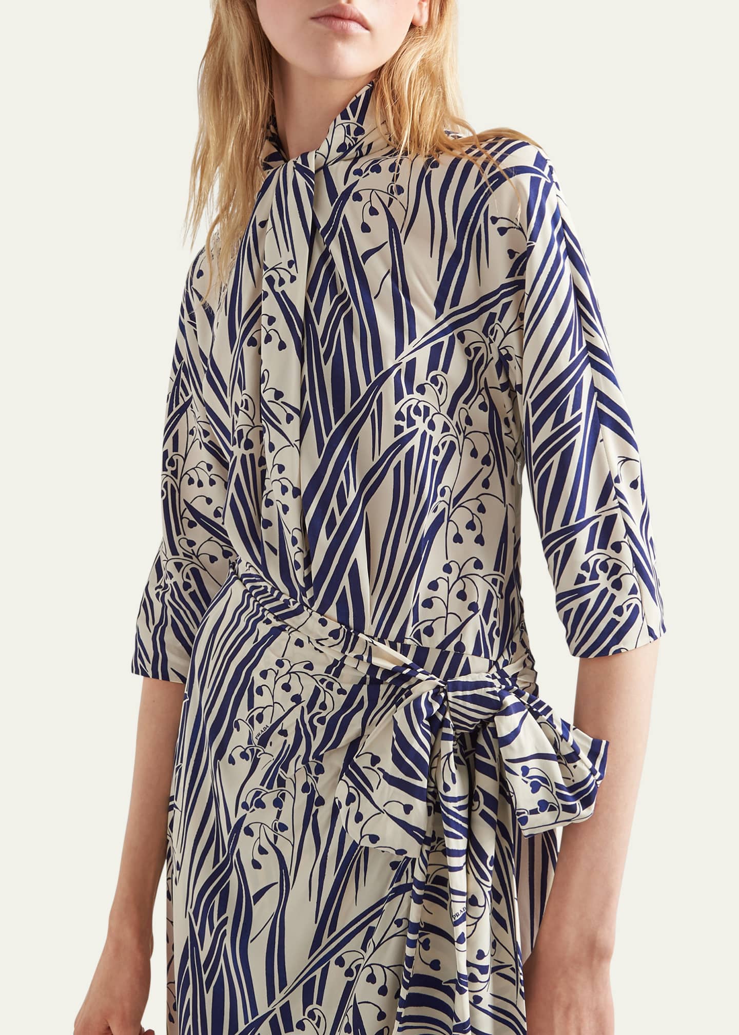 Prada Floral-Print Scarf-Neck Midi Dress Image 4 of 5