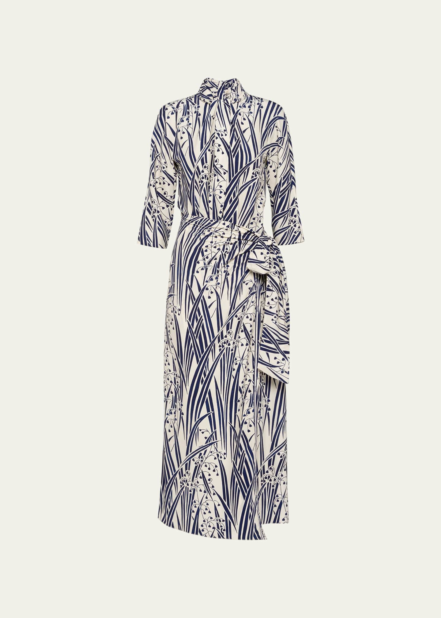 Prada Floral-Print Scarf-Neck Midi Dress Image 1 of 5