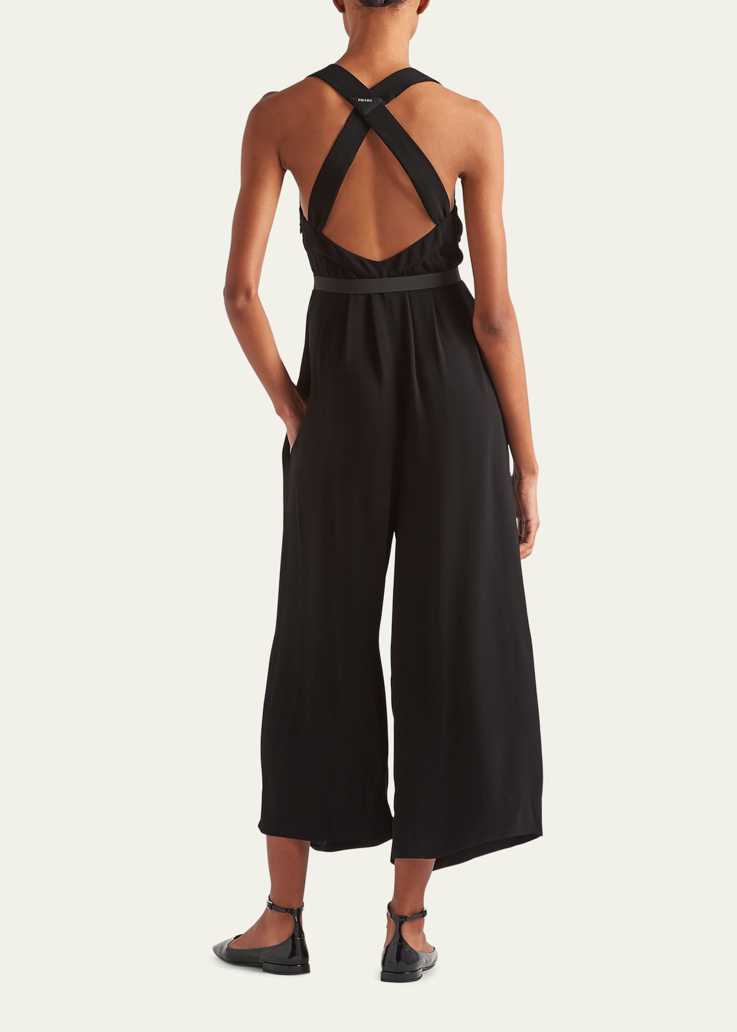 Prada Leather Belted Wide-Leg Crepe Jumpsuit - Bergdorf Goodman