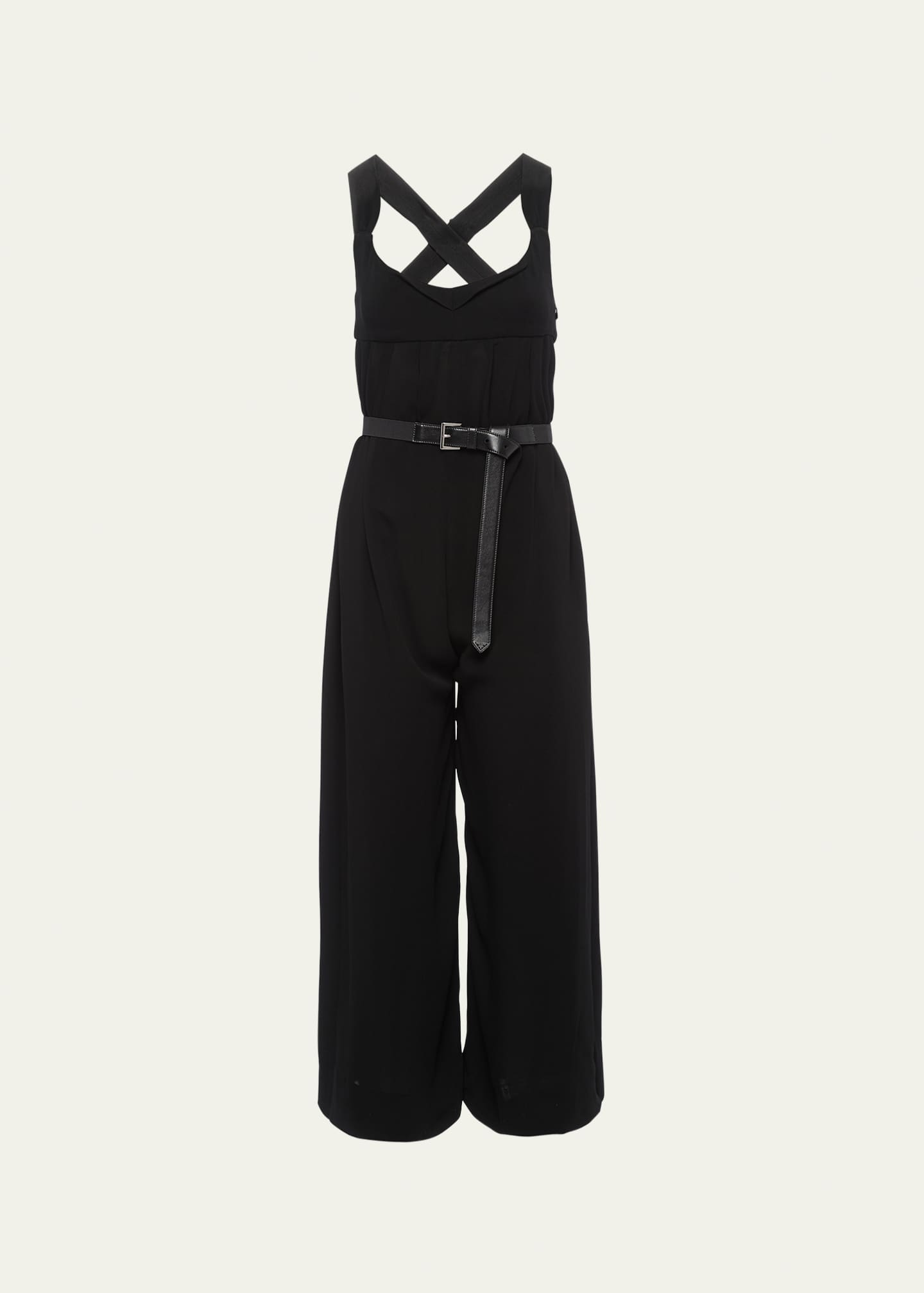 Prada Leather Belted Wide Leg Crepe Jumpsuit
