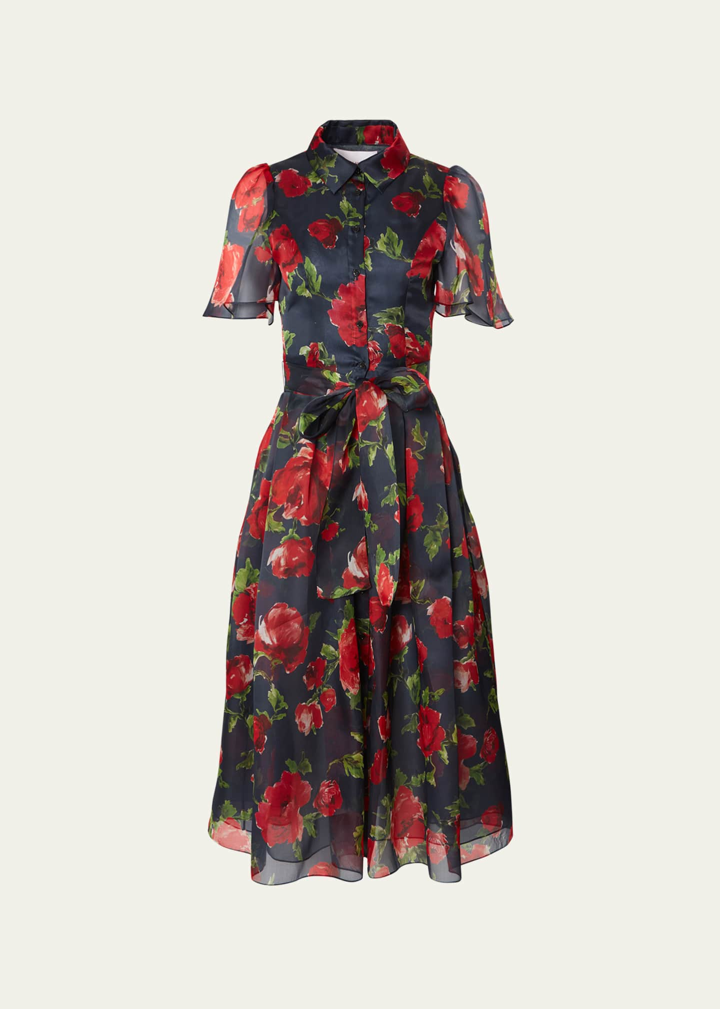 Carolina Herrera Floral Print Collared Midi Dress with Tie Belt ...