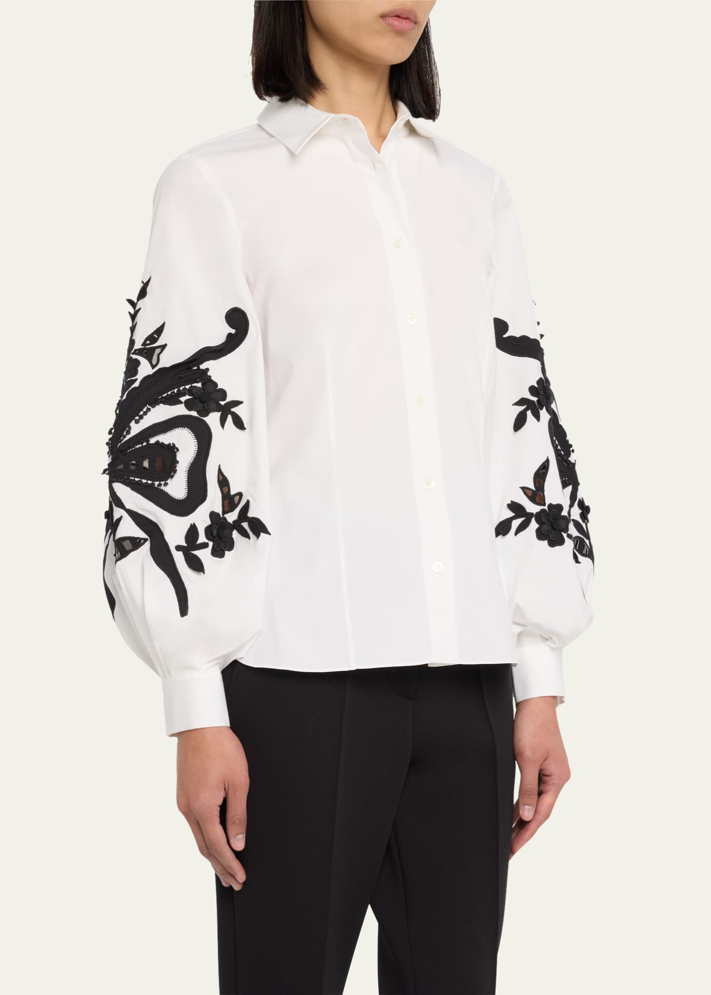 Carolina Herrera Embroidered PuffSleeve ButtonFront Blouse Bergdorf