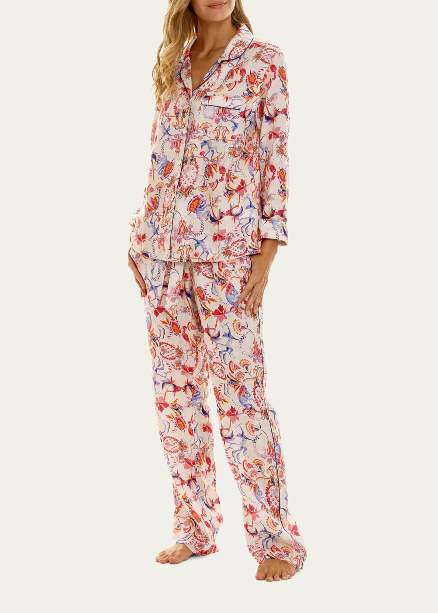 The Lazy Poet Emma Monkey-Print Linen Pajama Set - Bergdorf Goodman