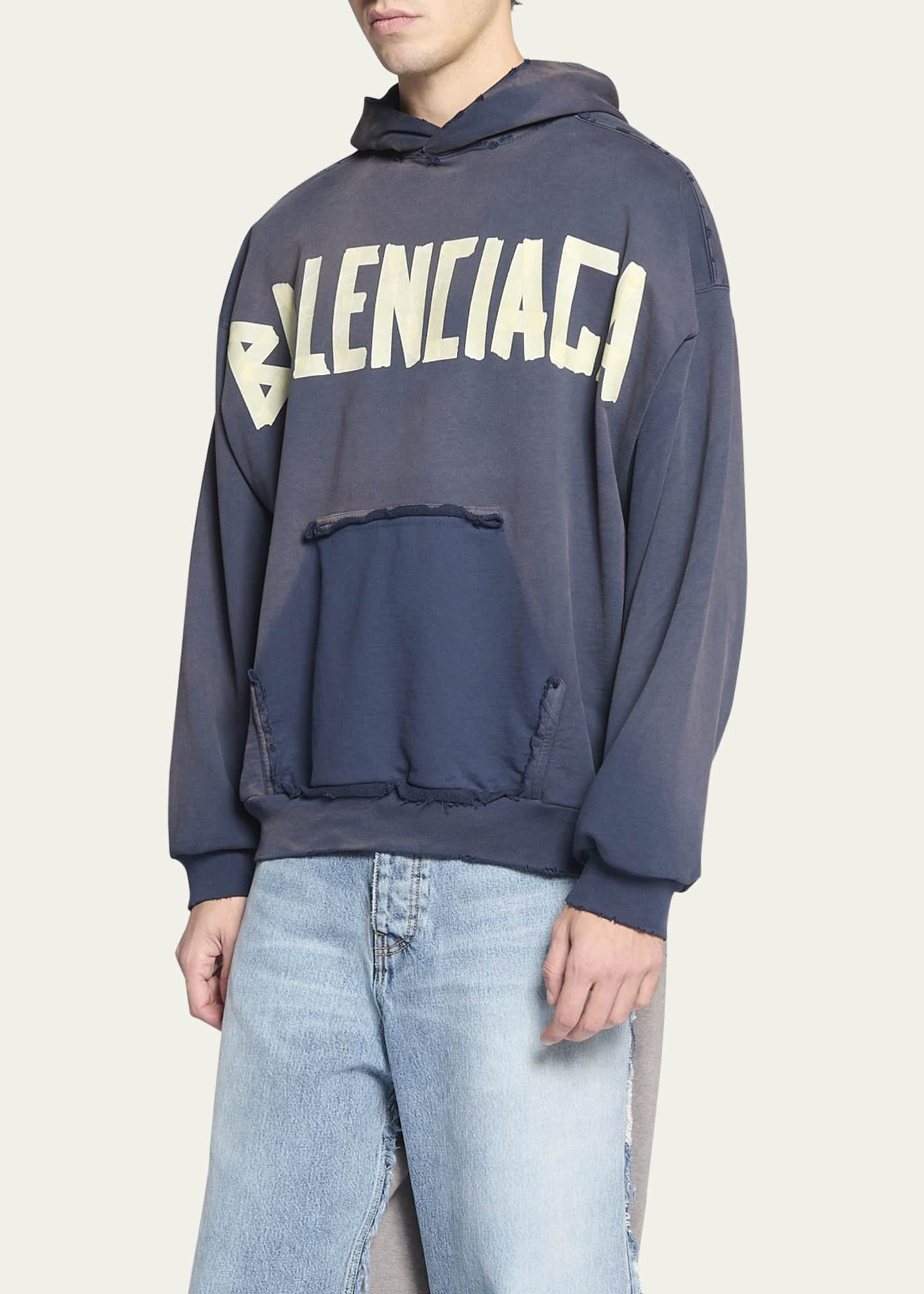 Balenciaga Men's Taped Logo Hoodie with Pocket - Bergdorf Goodman