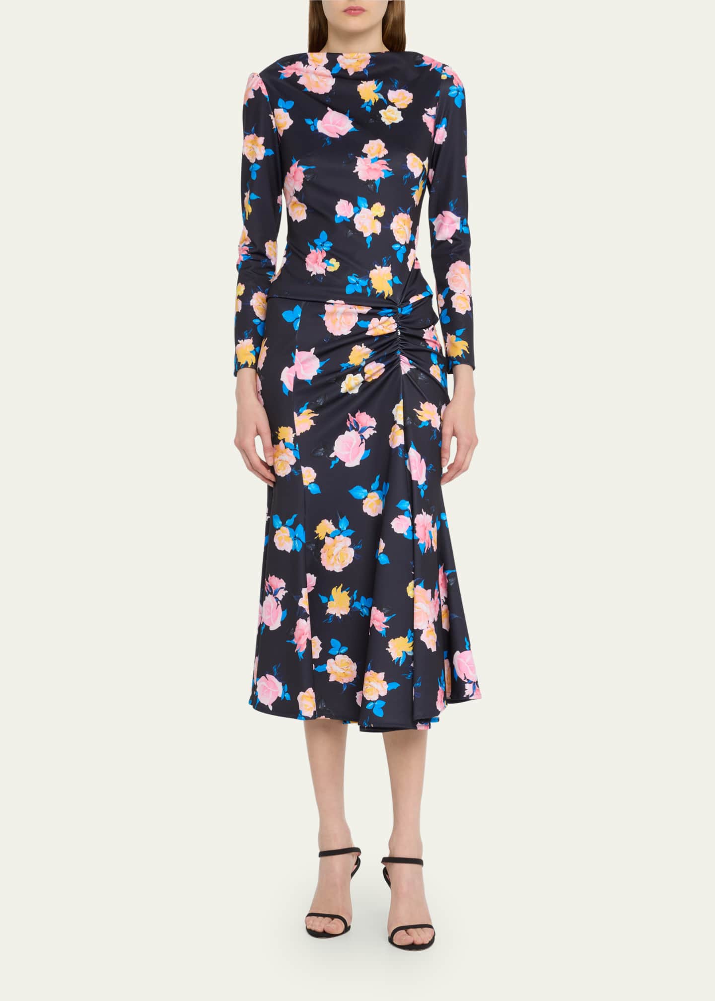 Monique Lhuillier Floral-Print Long-Sleeve Midi Dress With Side Drape ...