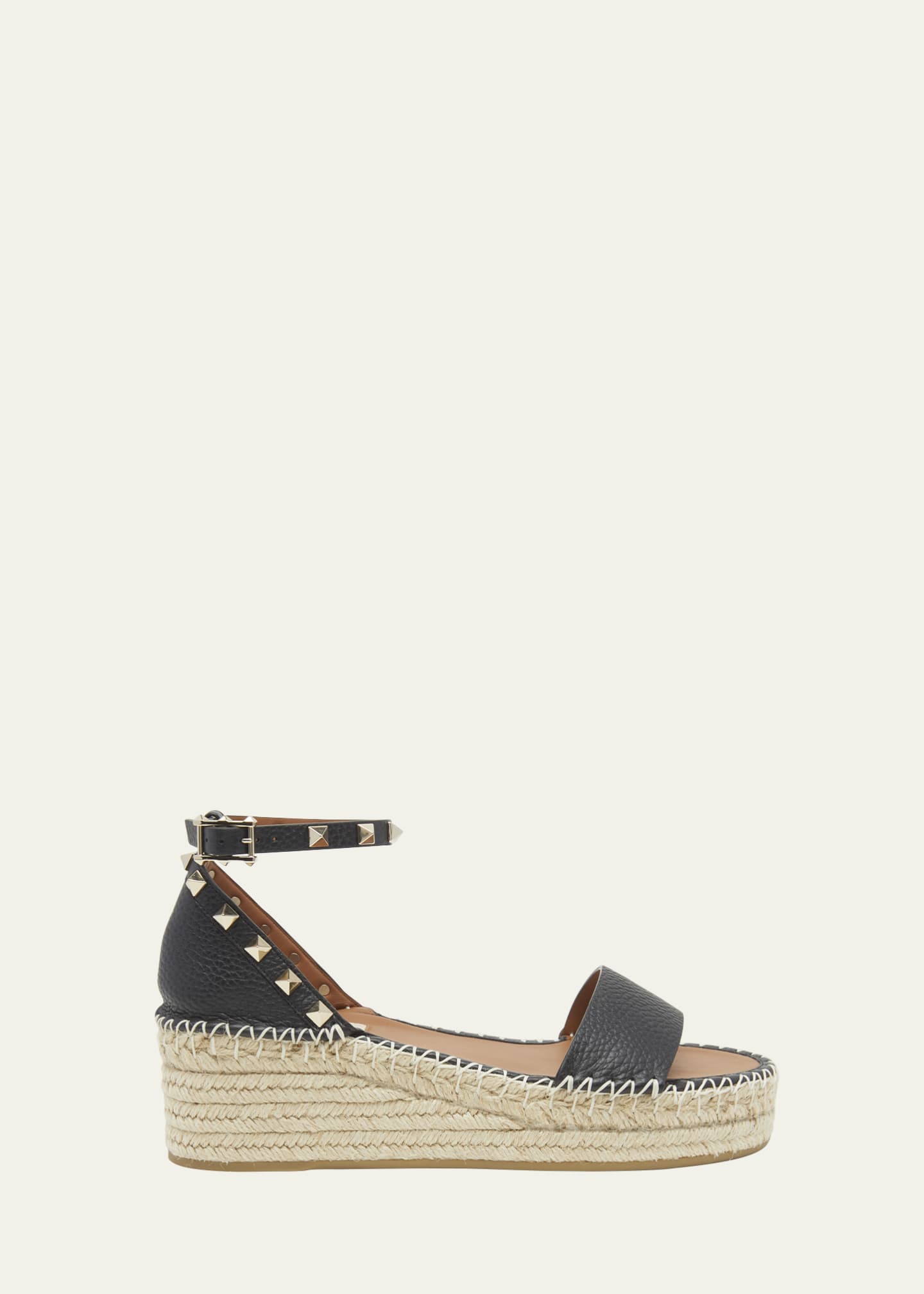 Valentino Rockstud Calfskin Flatform Espadrille Sandals Nero light Cuir
