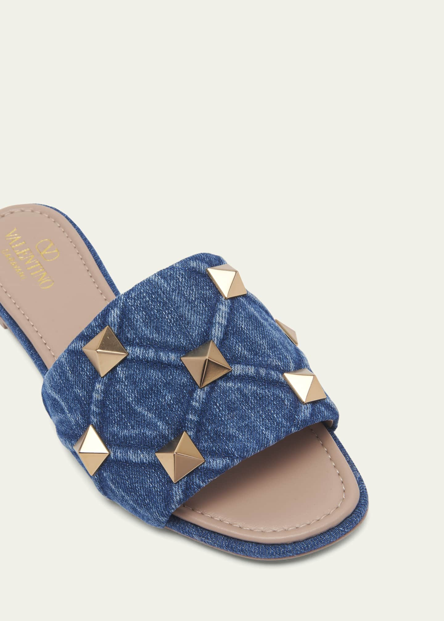 Roman Stud Flat Slide In Denim for Woman in Denim