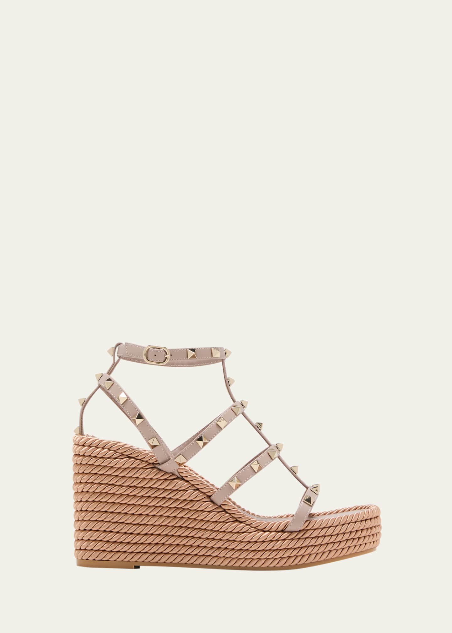 関税送料込み- VALENTINO ROCKSTUD LEATHER WEDGE SANDALS Valentino Garavani Rockstud Leather Wedge Espadrille Sandals
