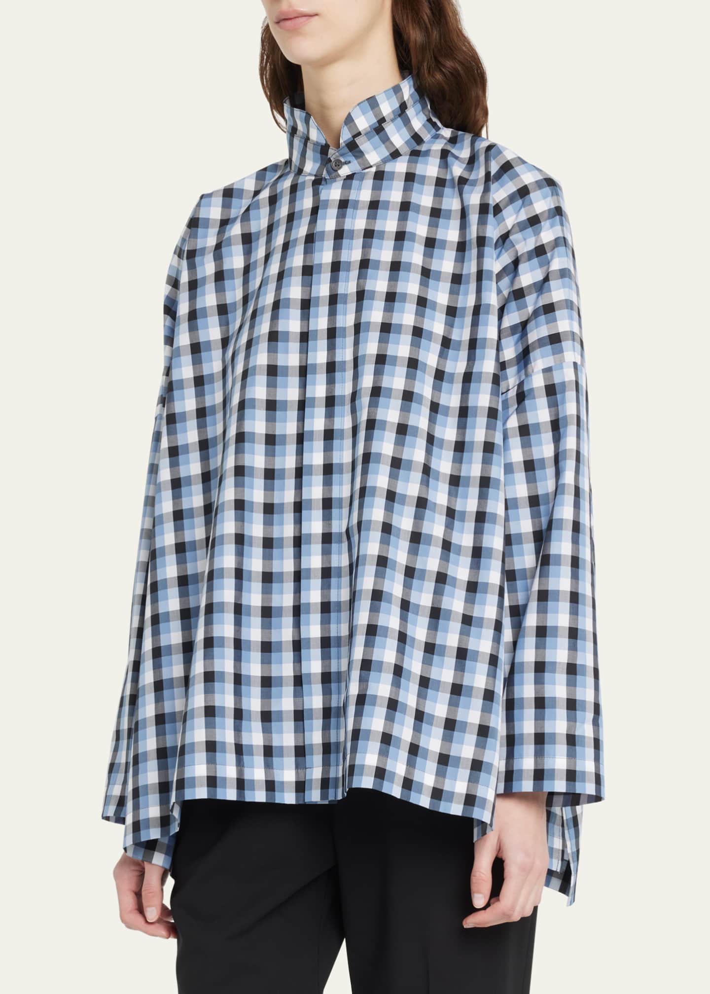 Eskandar Wide Longer-Back Plaid Shirt with Double Stand Collar