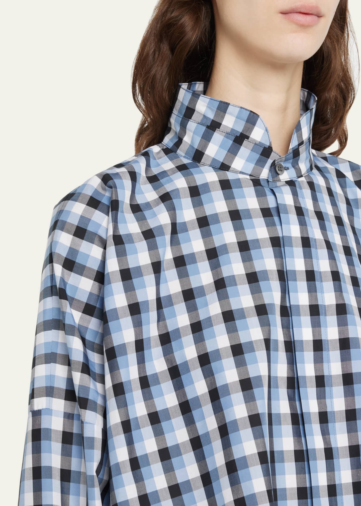 Eskandar Wide Longer-Back Plaid Shirt with Double Stand Collar