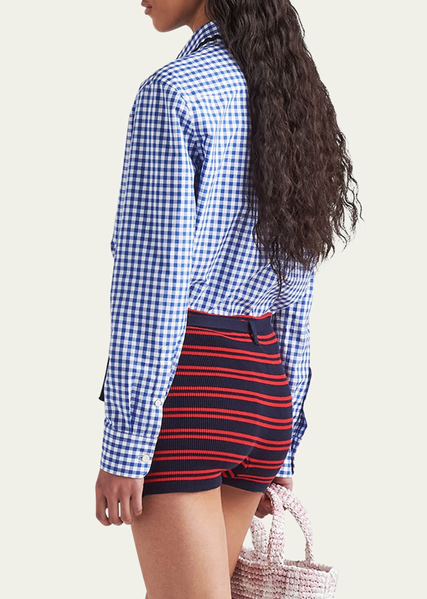 Prada Gingham Check Scallop-Trim Poplin Top