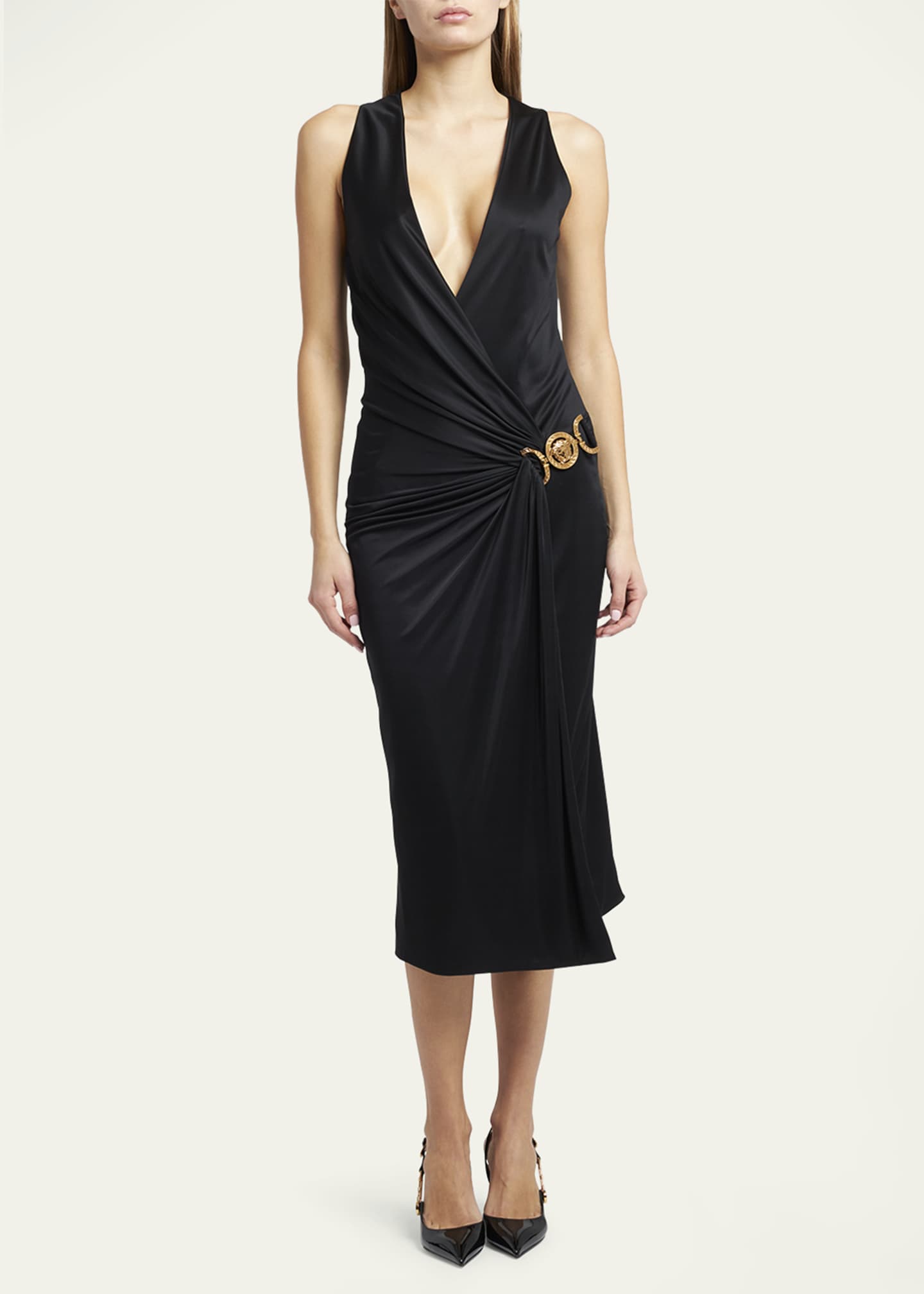 Versace Wrap-Front Jersey Midi Dress with Medusa Detail