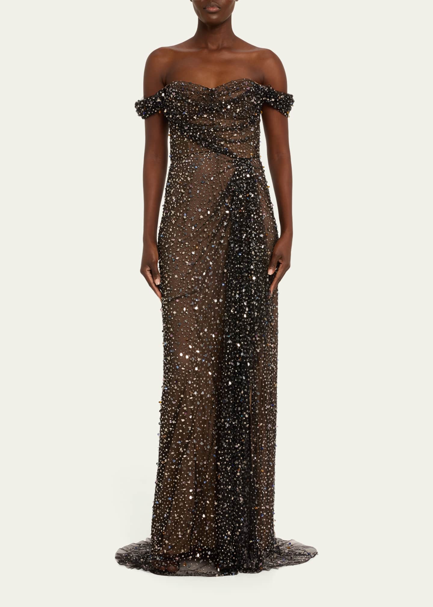 Marchesa Off-Shoulder Illusion Gown with Multicolor Crystal and Sequin ...