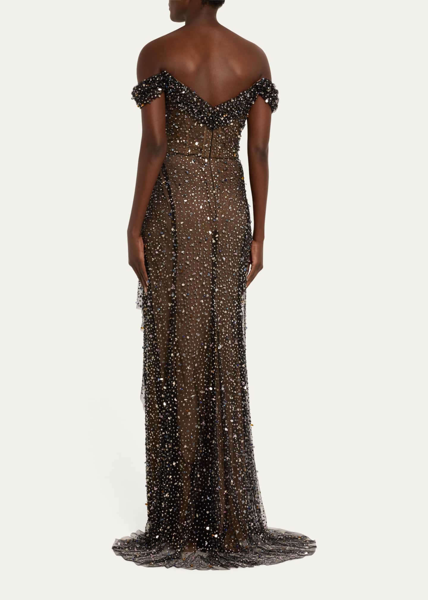 Marchesa Off-Shoulder Illusion Gown with Multicolor Crystal and Sequin ...