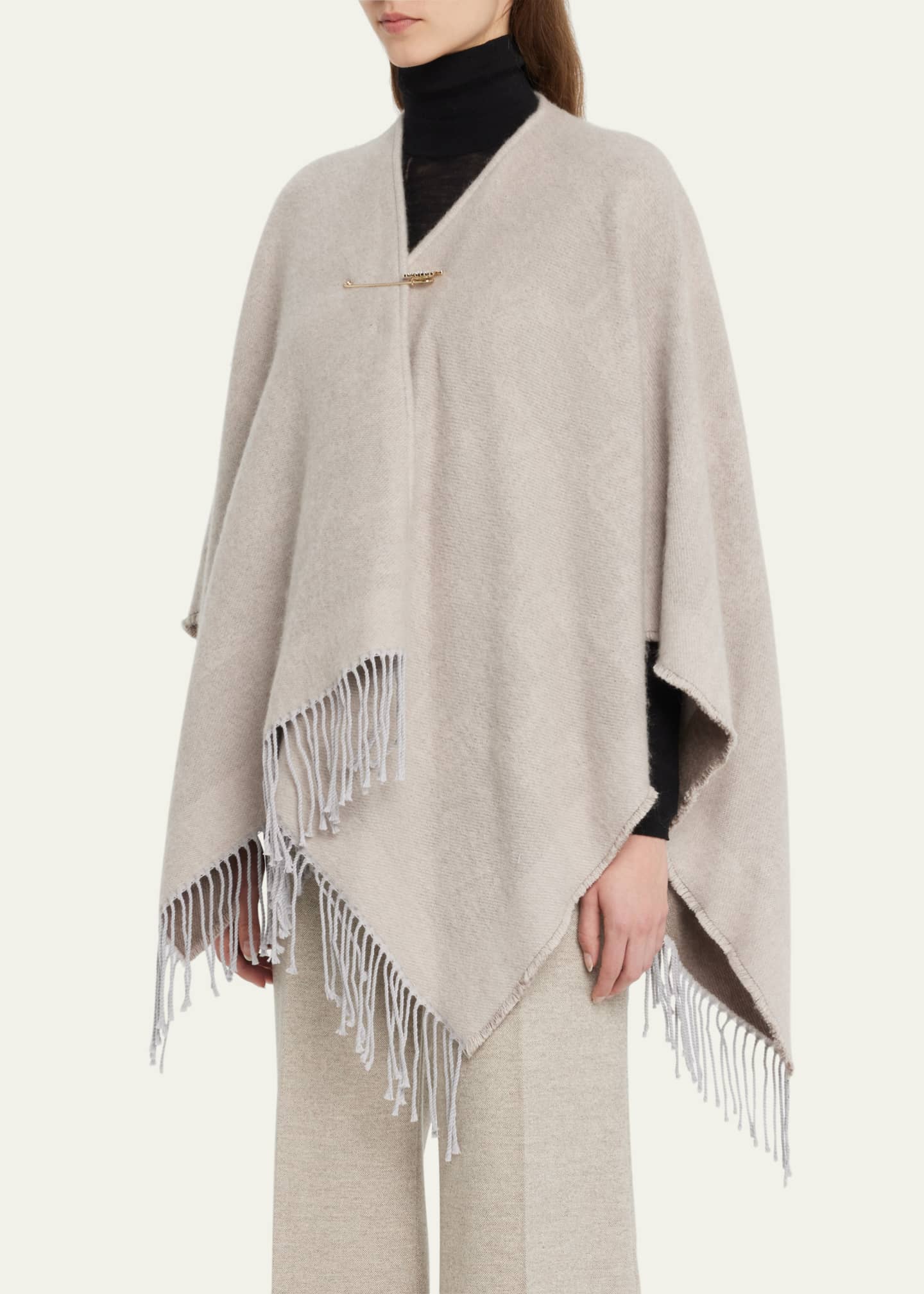 Max Mara Fringe Wool Poncho With Embellished Monogram Pin Bergdorf Goodman